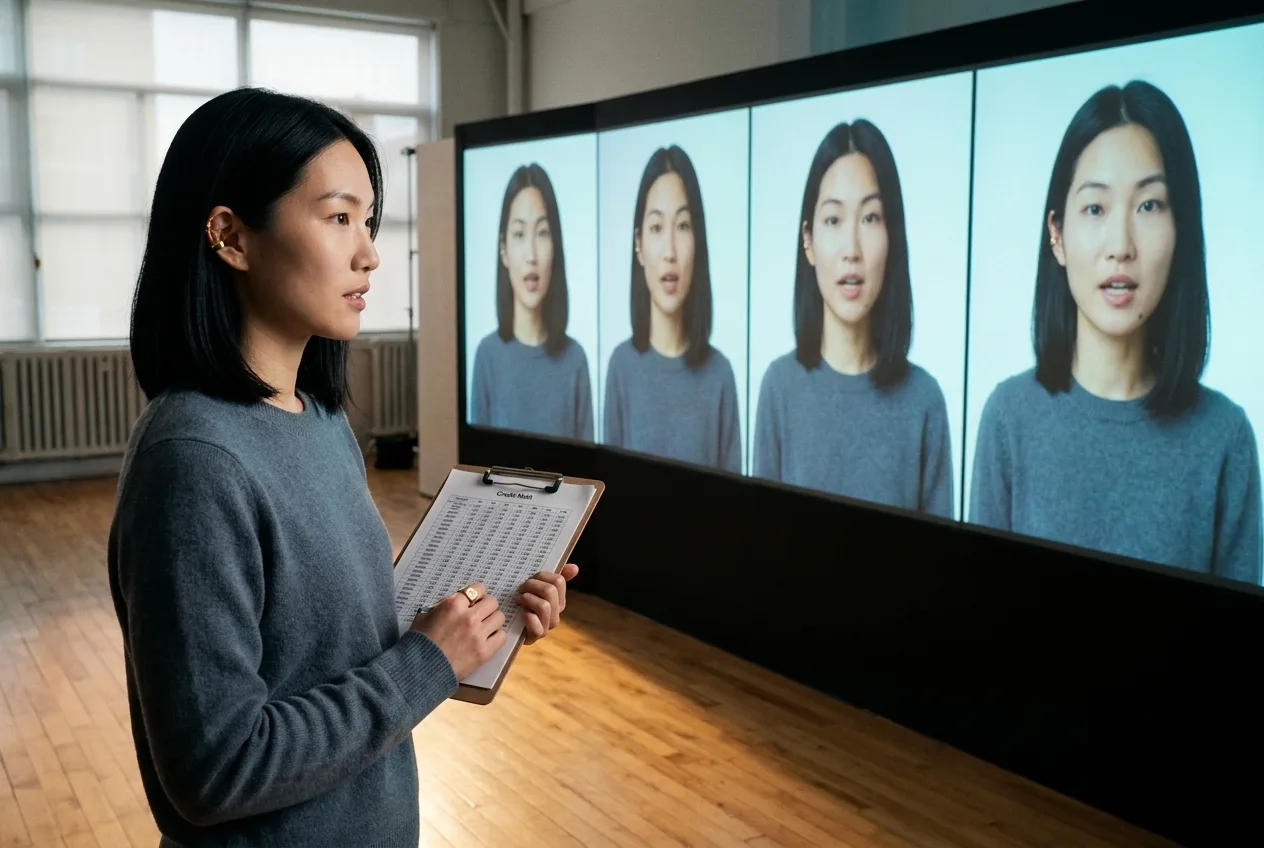 Annie Leibovitz-style cinematic editorial portrait of Mira Chen, Toronto creative director, standing before a four-panel projection wall showing the same Playcut Actor Engine character holding 100% character consistency across four identical takes — same face, same wardrobe, same gold ear cuff in every frame, Playcut Imagen 4 generation