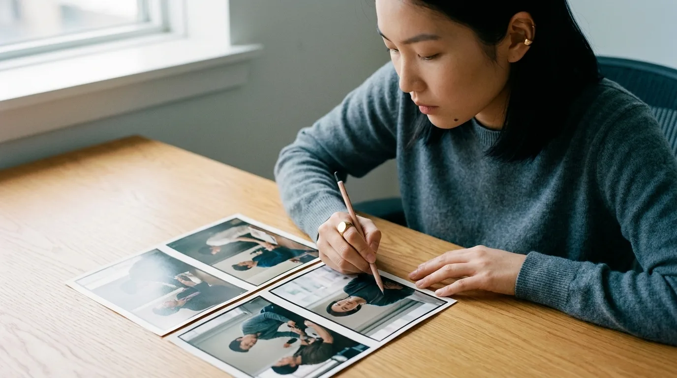 Mira Chen marking the chosen take from a 2x2 grid of Playcut actor-act print frames at her Toronto desk in soft north-window light, Playcut Imagen 4 generation