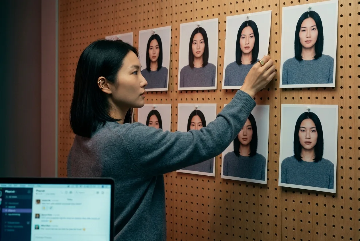 Mira Chen pinning the ninth take-card to a pegboard wall of eight identical Playcut actor-act recurring-character prints in her Toronto studio, demonstrating same-face consistency across the campaign cast, Playcut Imagen 4 generation