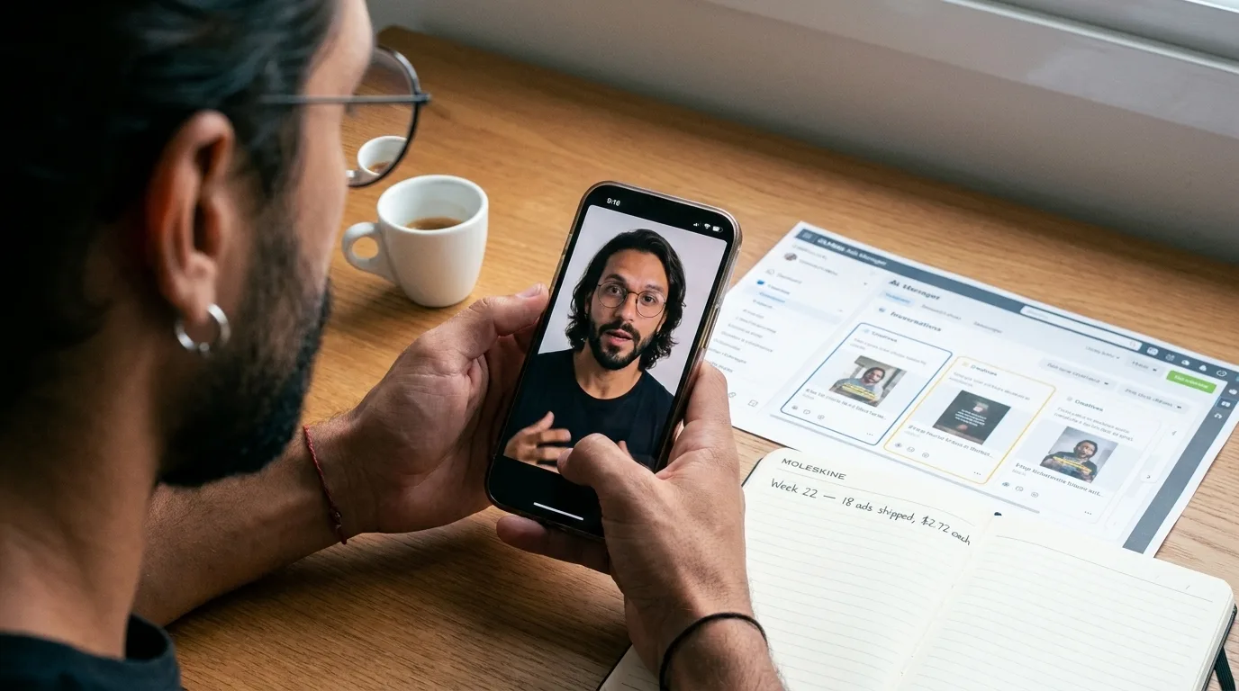 Diego Ribeiro reviewing a finished 30-second Playcut Actor Act UGC clip on his phone with a São Paulo desk of espresso, ad-spend Moleskine, and a Meta Ads Manager printout under soft north-window light, Playcut Imagen 4 generation