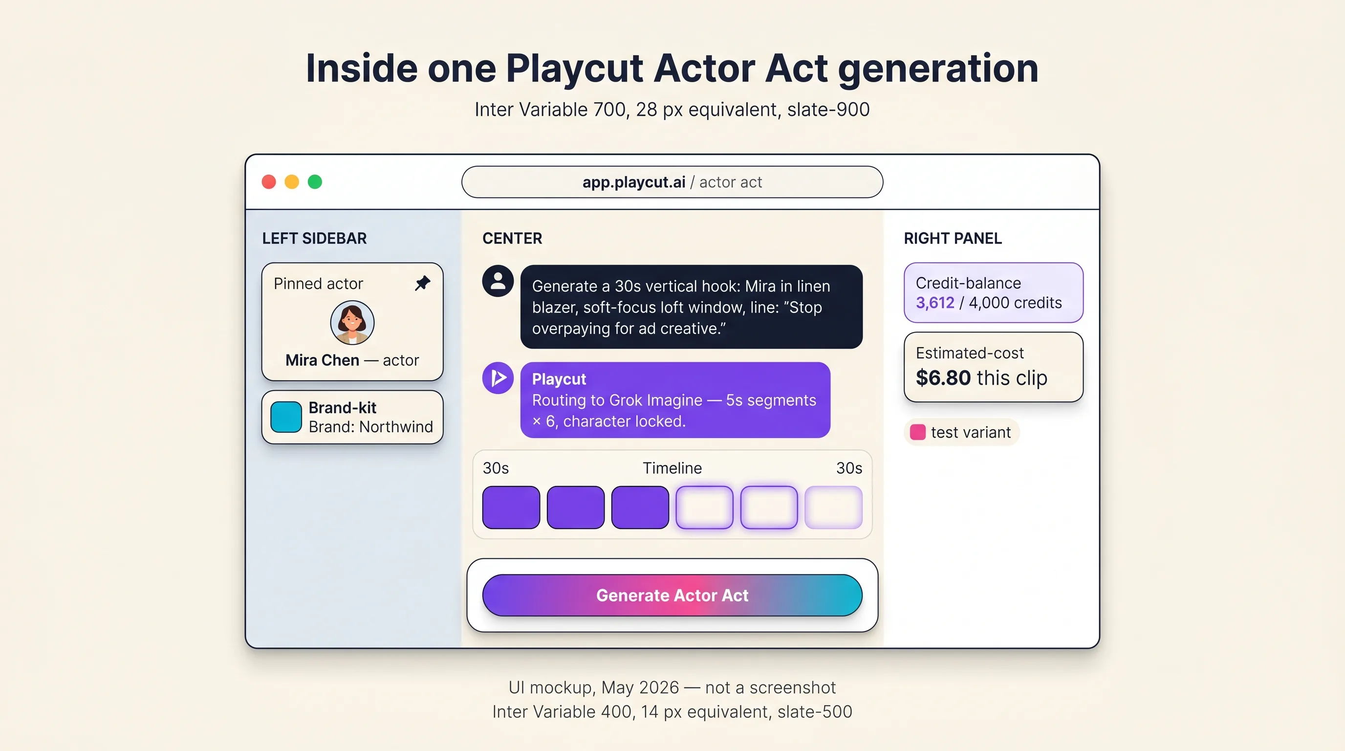 Illustrated UI mockup of the Playcut chat surface mid-Actor-Act generation showing the prompt, the actor card, the Grok Imagine routing message, and the 30-second timeline scrubber with the signature violet-pink-cyan gradient on the Generate button, Playcut Imagen 4 generation
