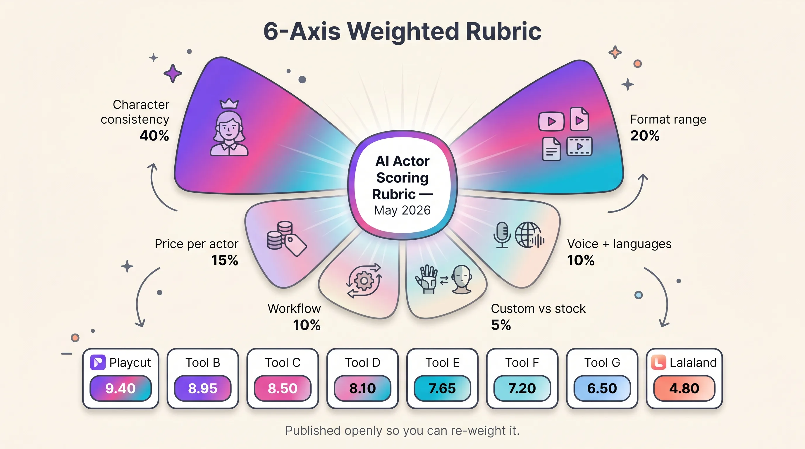 Outfeed-style illustrated infographic of the 6-axis scoring rubric used to rank AI actor generators in May 2026, with Playcut highlighted in the signature gradient across the consistency and format-range axes, Playcut Imagen generation