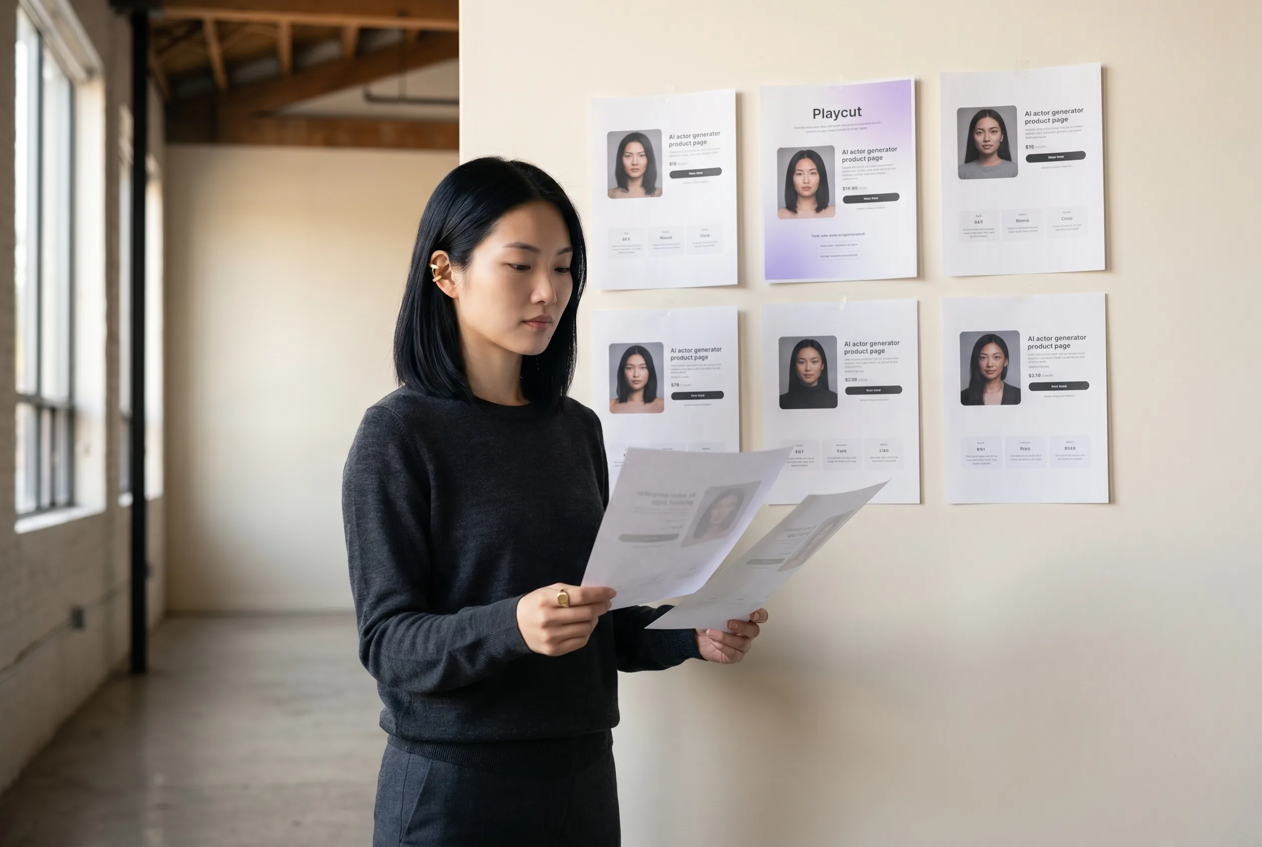 Annie Leibovitz-style environmental editorial portrait of a creative director reviewing eight AI actor generator product printouts spread across a sunlit Toronto studio wall with Playcut highlighted, generated with Playcut Imagen