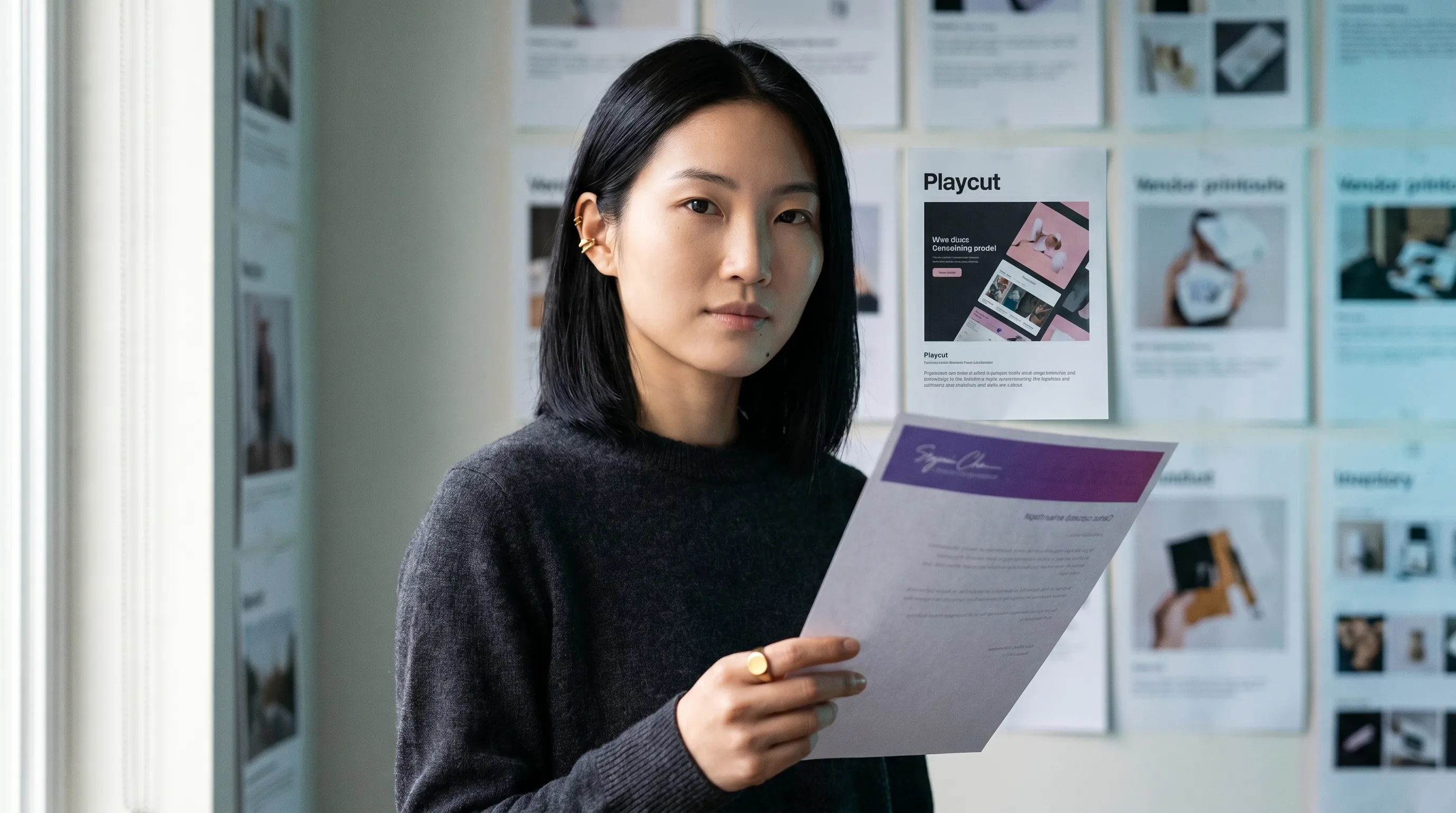 Annie Leibovitz-style environmental editorial portrait of Mira Chen mid-frame at a sunlit Toronto studio comparing eight AI actor generator printouts pinned to a wall, Playcut highlighted in violet, Playcut Imagen generation
