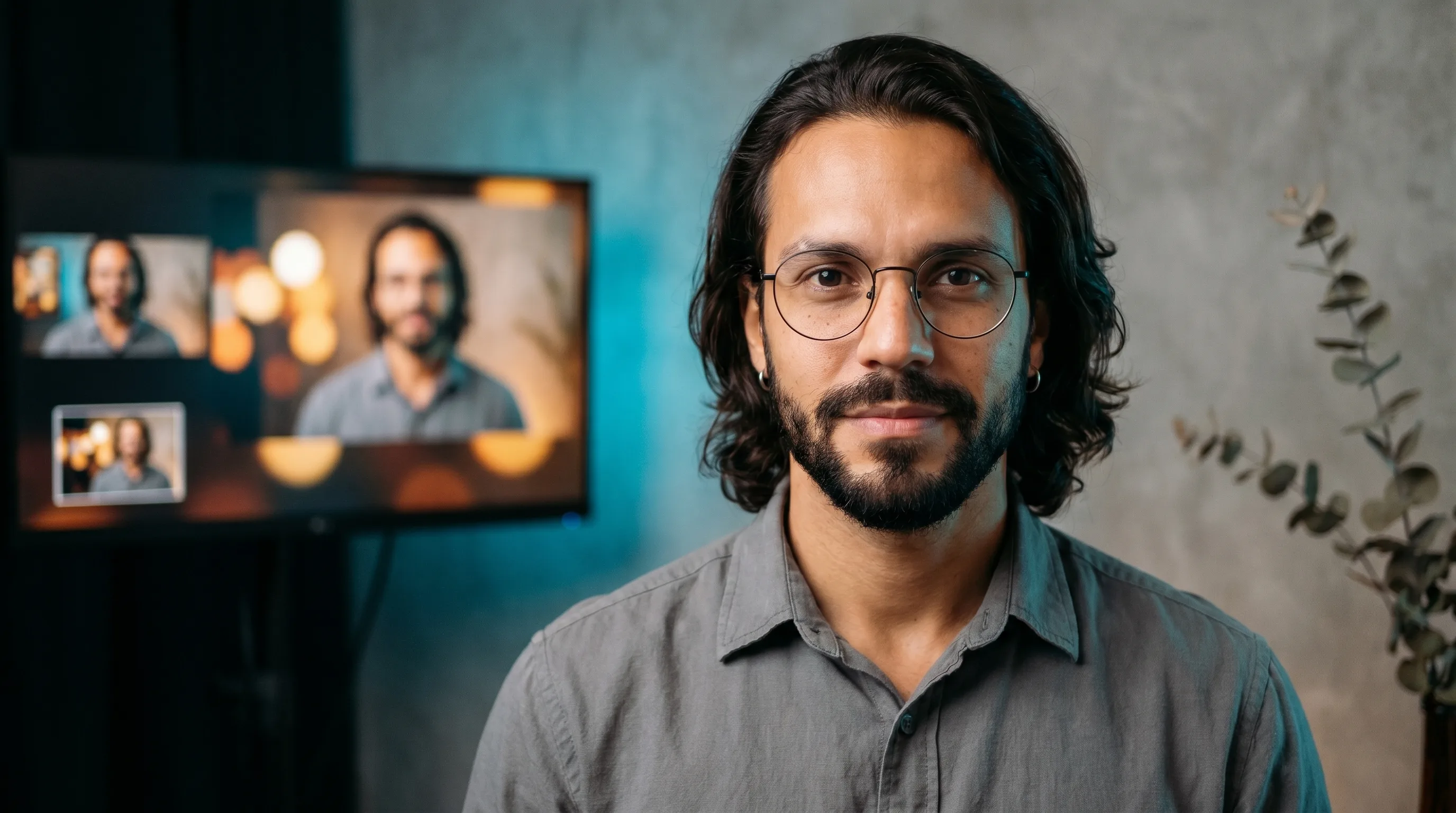 Annie Leibovitz-style cropped editorial portrait of a São Paulo AI ad operator with calm direct gaze, the Playcut Actor Engine workflow softly out of focus behind him, Playcut Imagen generation