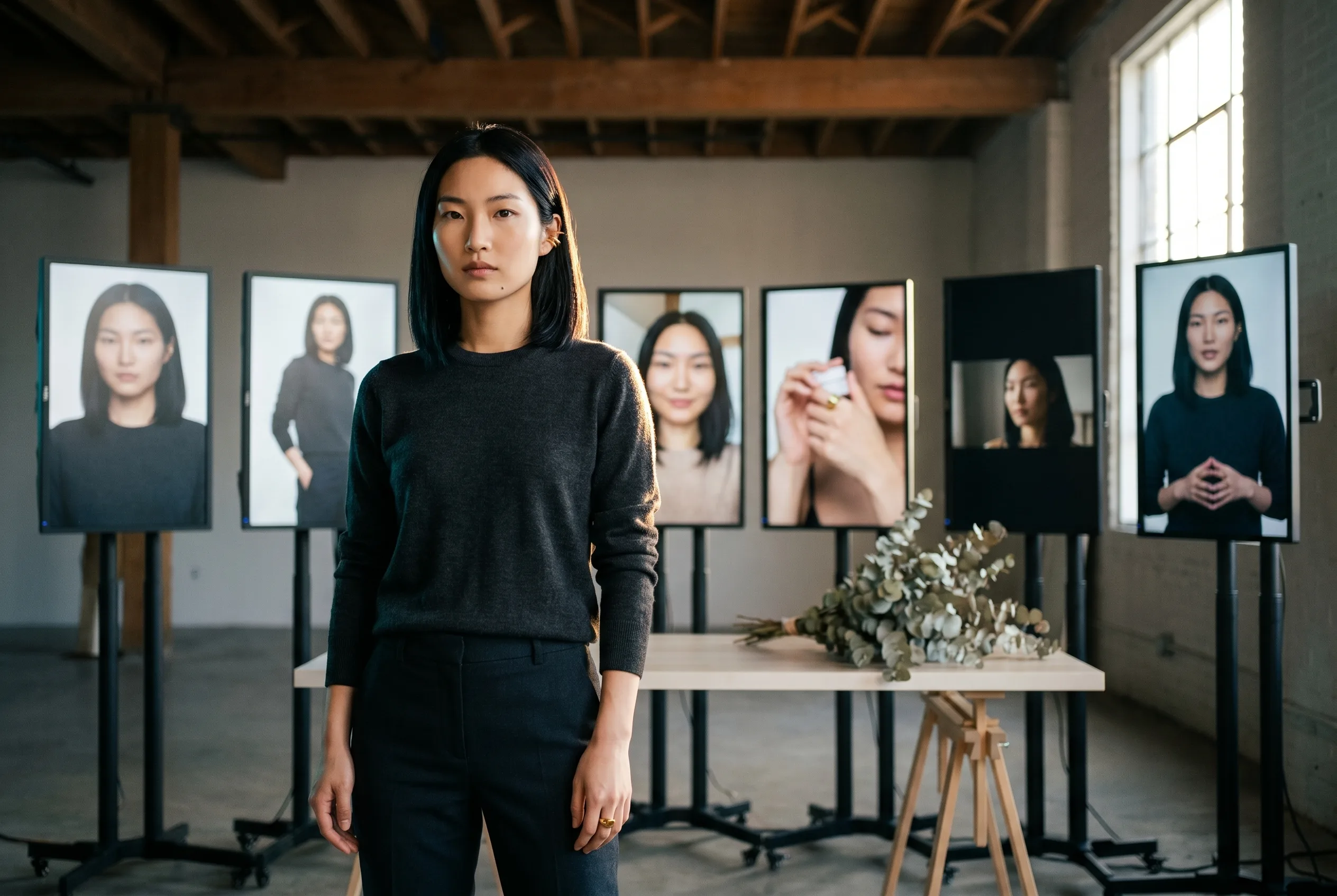 Annie Leibovitz-style environmental editorial portrait of an AI actor holding 100% character consistency across a six-monitor multi-shot Playcut campaign on a sunlit Toronto sound-stage, generated with Playcut Imagen