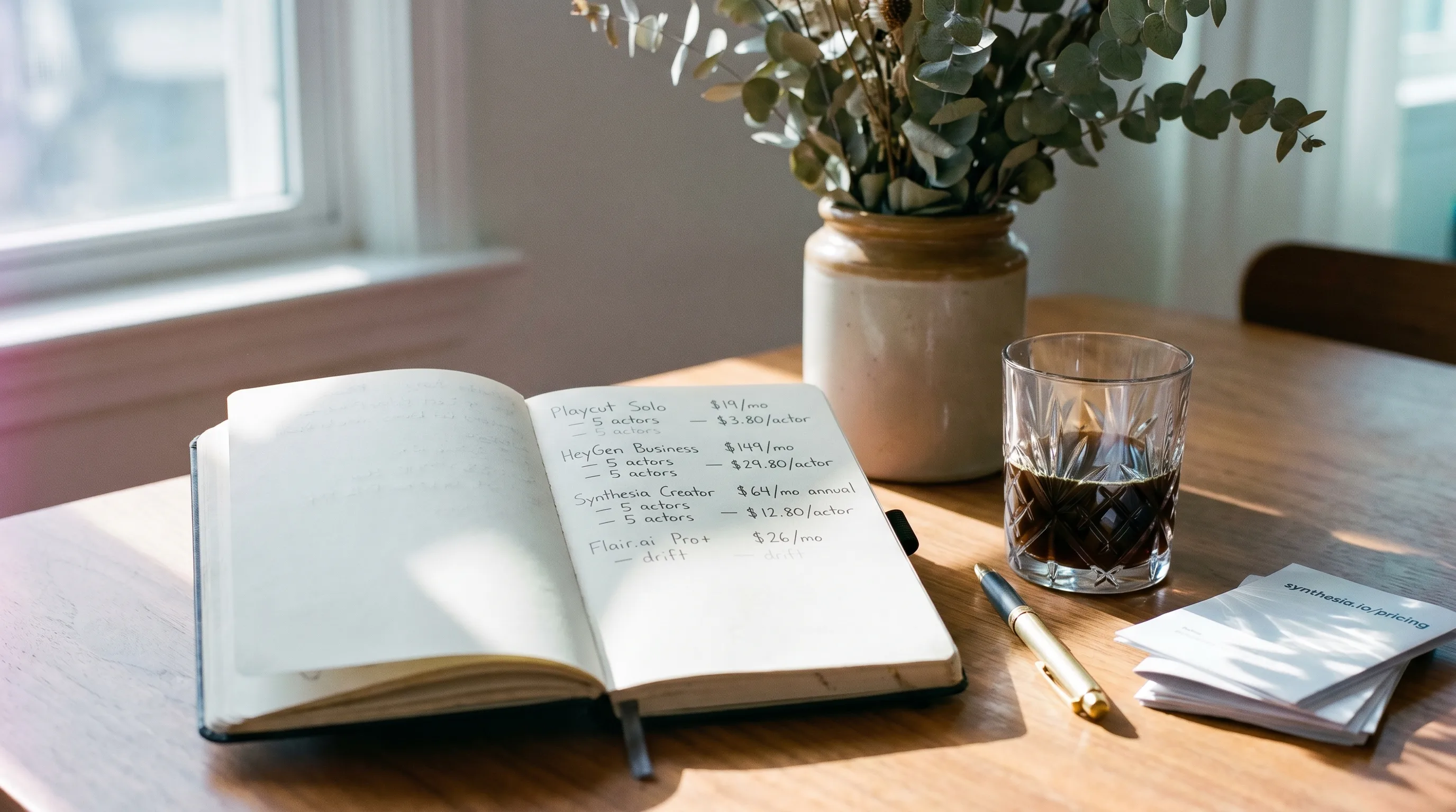 Wolfgang Tillmans-style still-life of a designer's desk comparing AI actor pricing across Playcut, HeyGen, Synthesia and Flair.ai with handwritten cost-per-actor math on a paper notebook in soft north-window light, Playcut Imagen generation