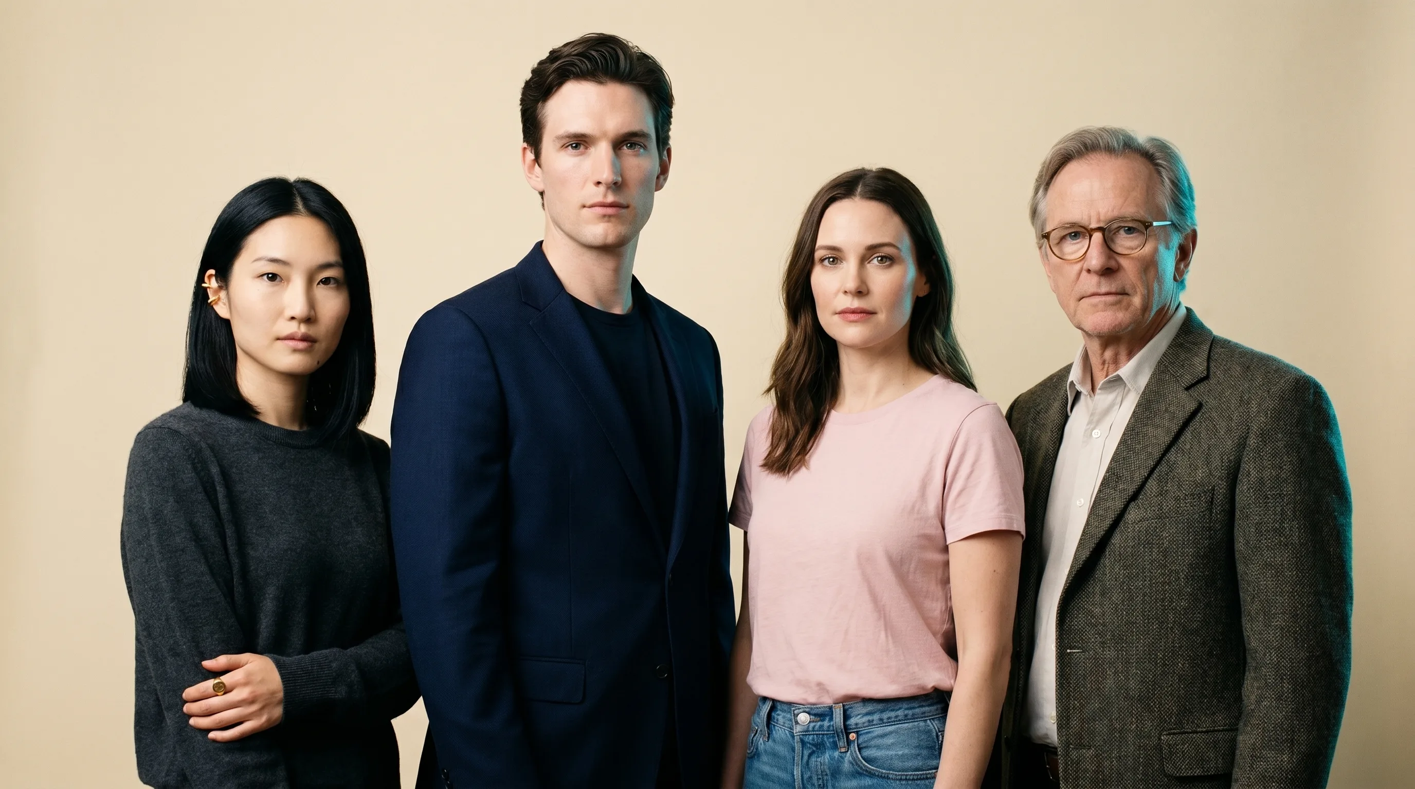 Annie Leibovitz-style ensemble portrait of a four-actor brand cast on a warm-cream backdrop with soft Rembrandt key light, demonstrating multi-actor identity hold across one campaign, Playcut Imagen generation