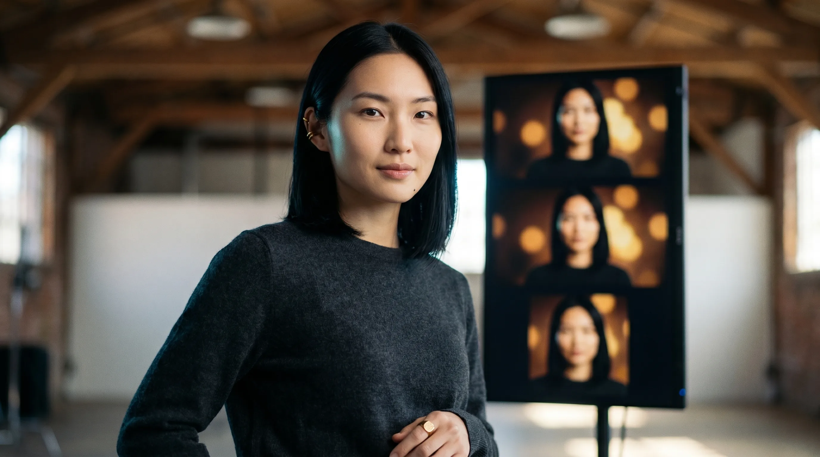 Annie Leibovitz-style cropped editorial portrait of a creative director with a warm direct gaze on a sunlit Toronto sound-stage, the Playcut Actor Engine workflow softly out of focus behind her, Playcut Imagen generation