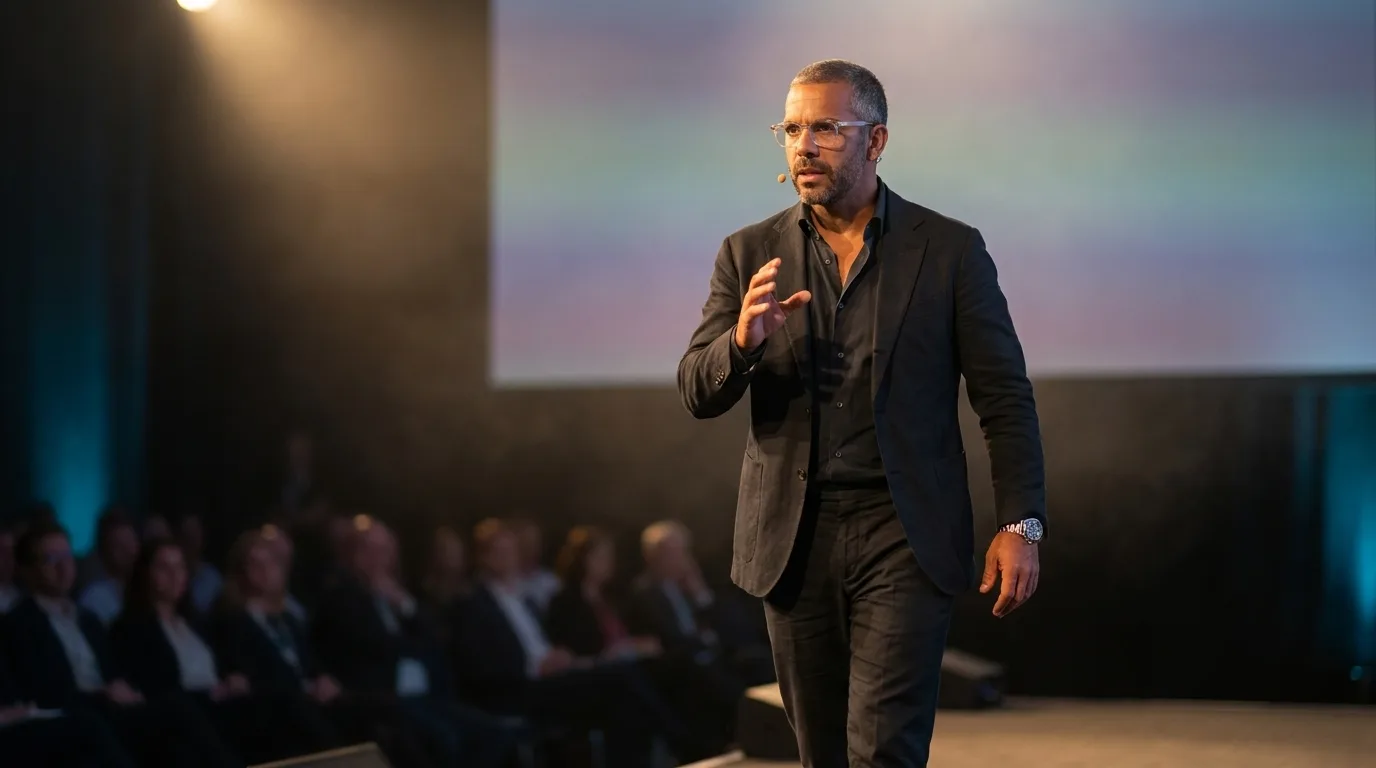 The same AI actor from this article's hero image presenting on a keynote stage as a different client's spokesperson — identical face, clear-frame glasses, and steel watch in a new wardrobe and setting, rendered by the Playcut Actor Engine