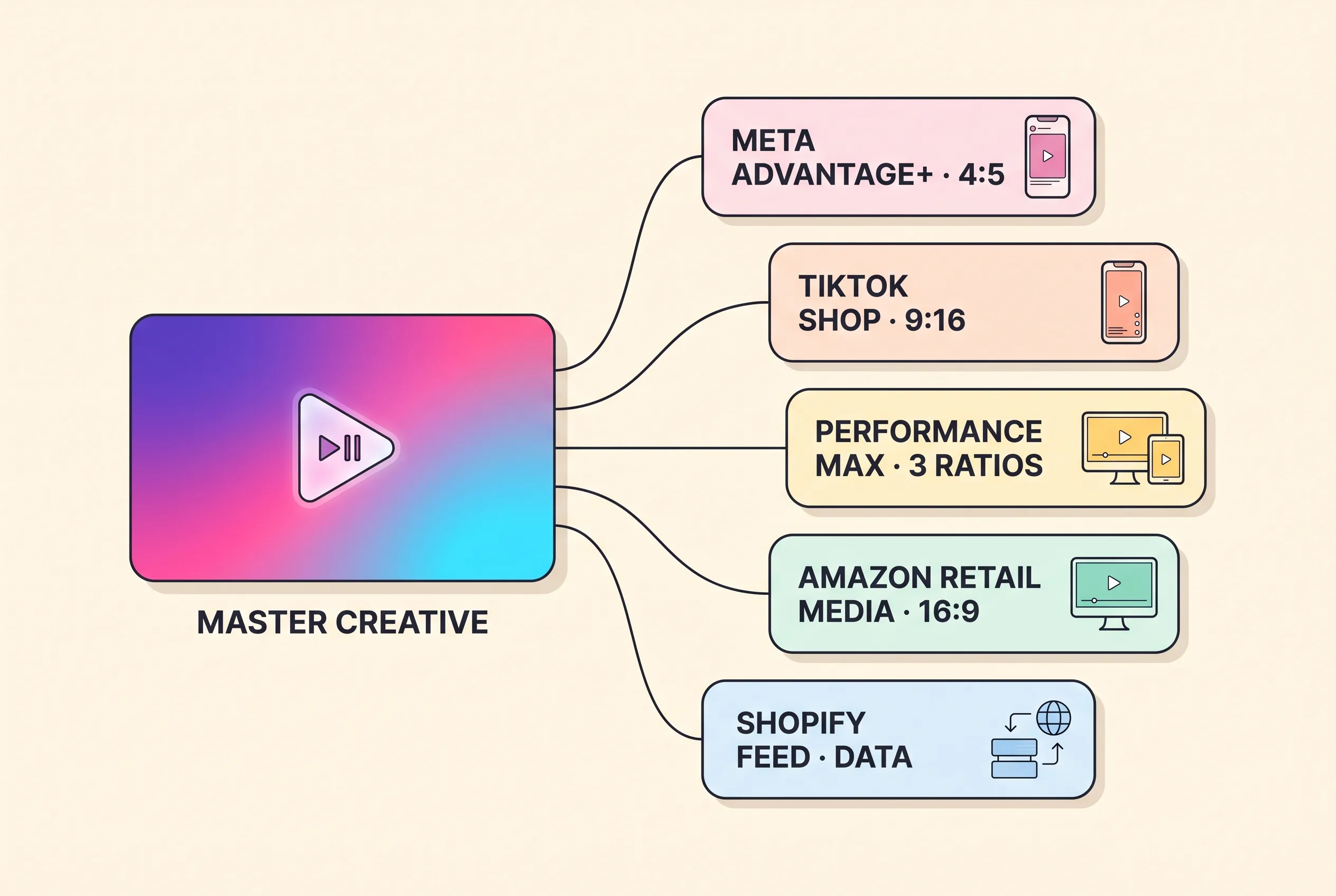 AI ads for ecommerce surface map showing five commerce placements as rounded panels — Meta Advantage+, TikTok Shop, Google Performance Max, Amazon retail media and a Shopify product feed — each panel labelled with the aspect ratio, duration and caption rule its creative has to meet