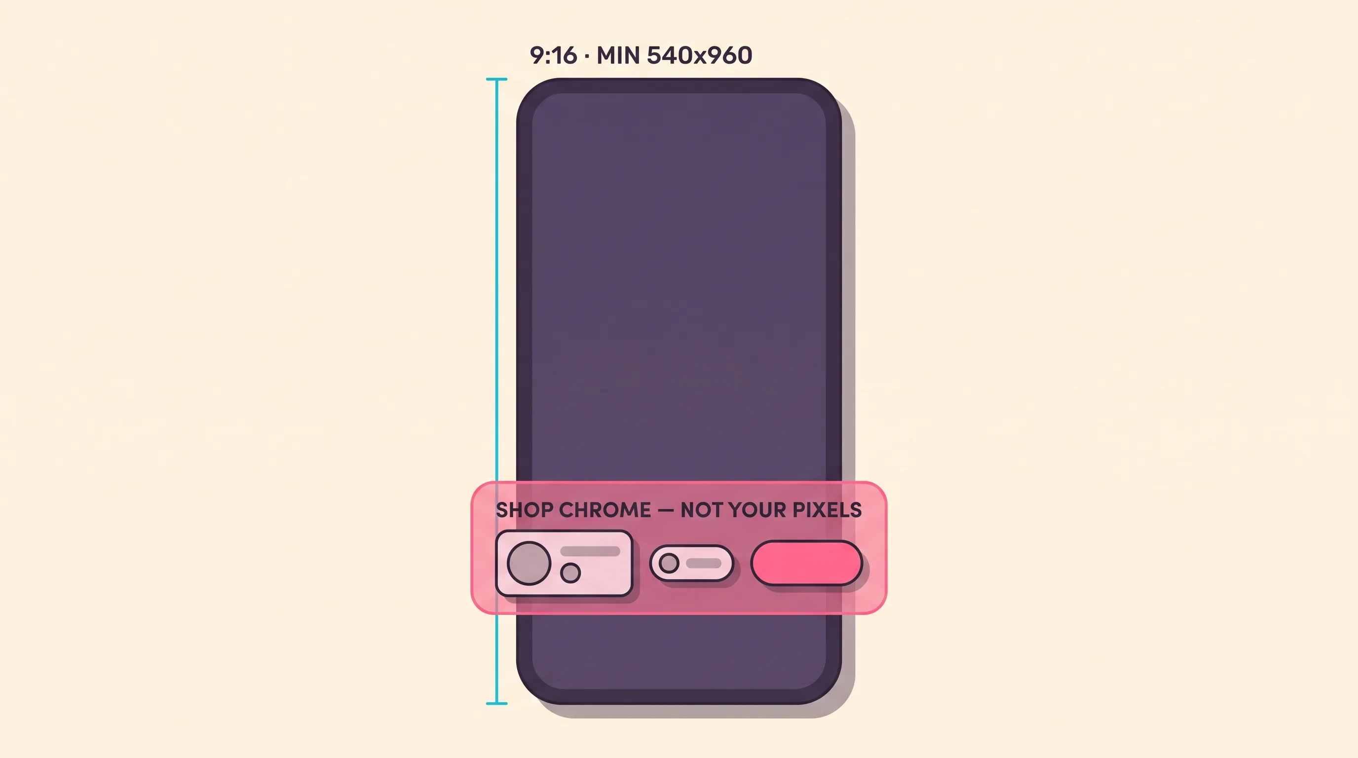 TikTok Shop video placement shown as a vertical ad frame with a product card, price and checkout button rendering over the lower third, and a shaded band marking the region the creative cannot use