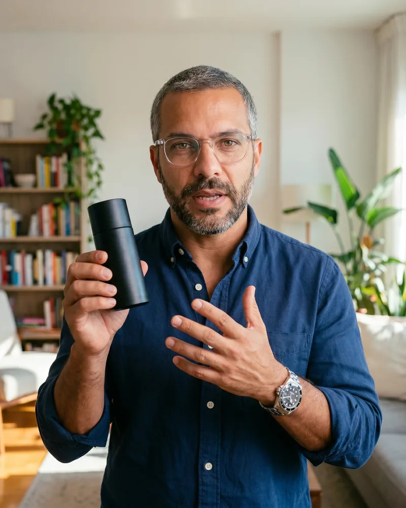 The same custom AI avatar in a vertical, handheld UGC ad frame holding a product to camera, the identity reused from the saved avatar, rendered by the Playcut Actor Engine