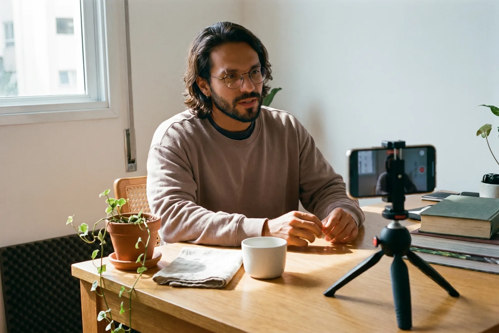 Editorial behind-the-scenes photograph of Playcut custom AI actor Diego Ribeiro at a sunlit oak desk filming into a smartphone mounted on a small tabletop tripod, calm professional creator energy
