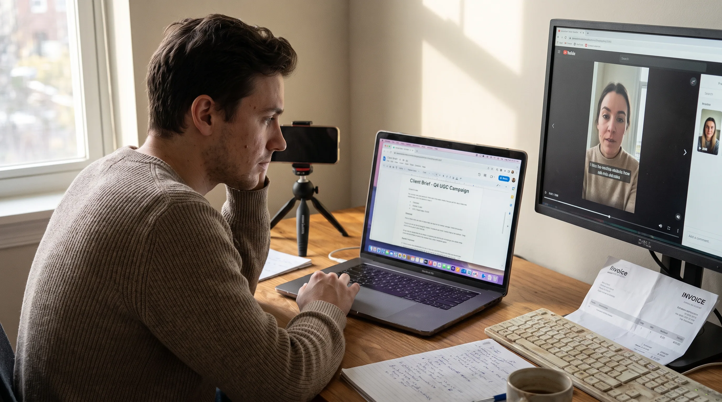 AI UGC creator at a home desk with a client brief open on a laptop, a phone on a small tripod, a vertical caption preview on a second screen, a saved actor thumbnail, and an unsent invoice beside the keyboard, rendered by the Playcut Actor Engine