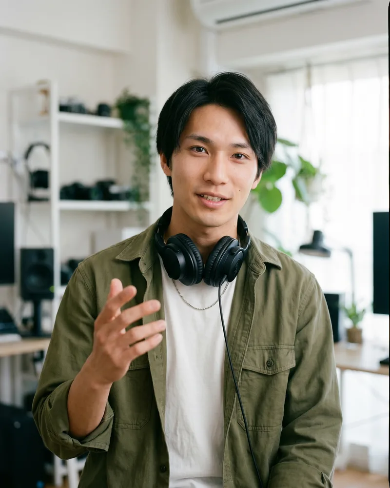 A vertical reel frame of the same AI UGC creator talking to camera, the voiced, lip-synced clip stage of the production loop, rendered by the Playcut Actor Engine