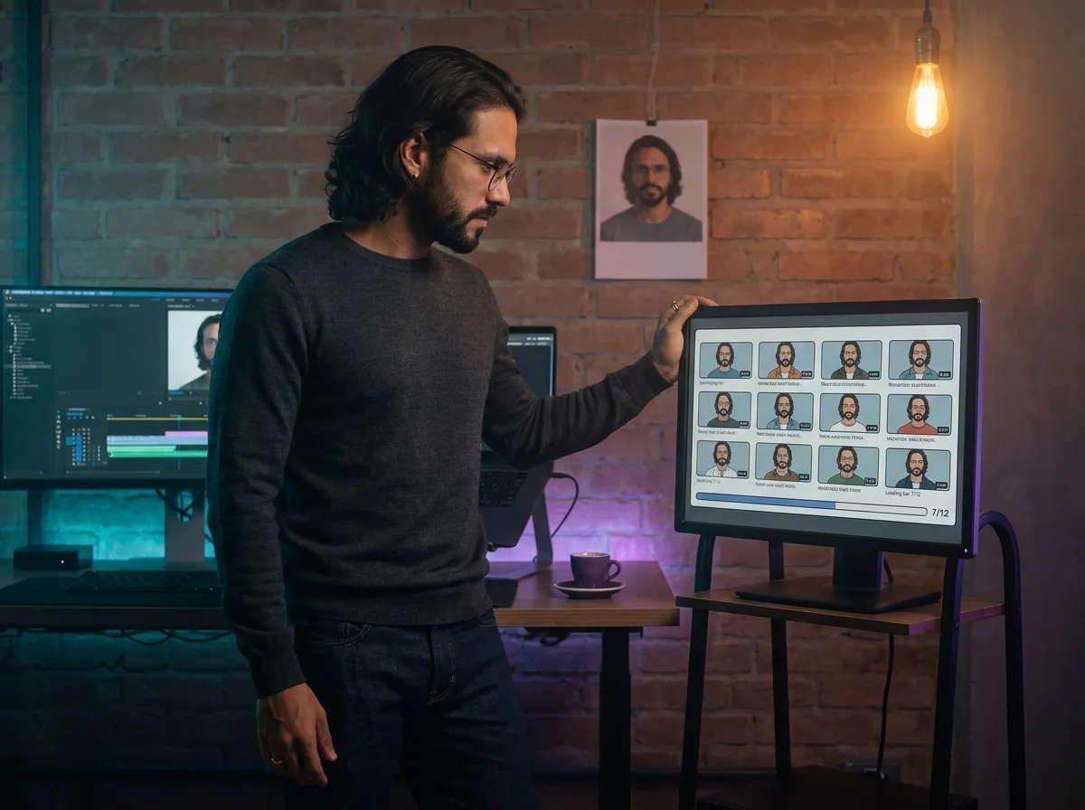 Diego Ribeiro at his São Paulo workstation reviewing an Arcads batch-variant grid on screen