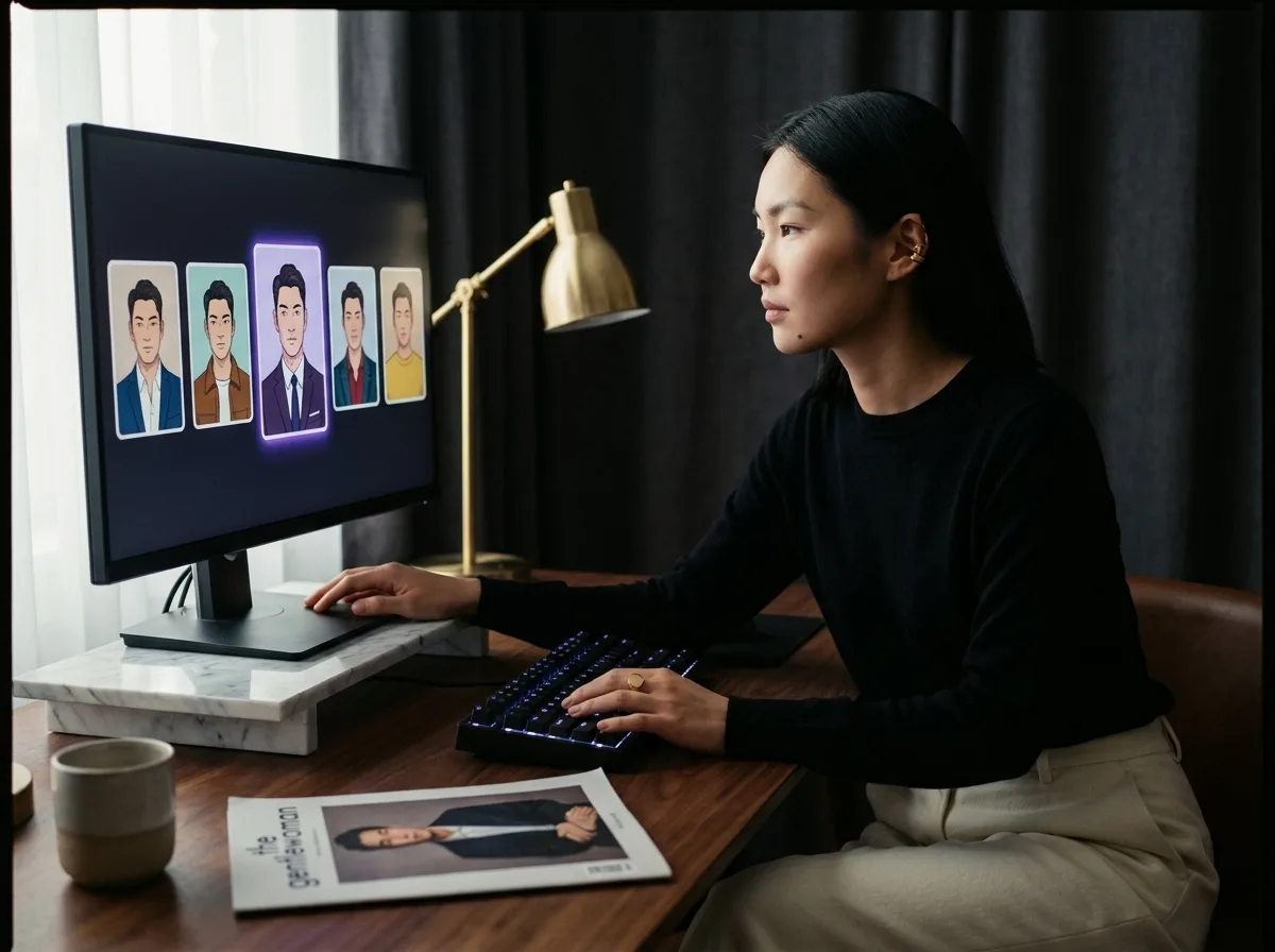 Mira Chen, Toronto creative director, reviewing a Playcut actor library carousel of 9 same-face stills on a studio monitor