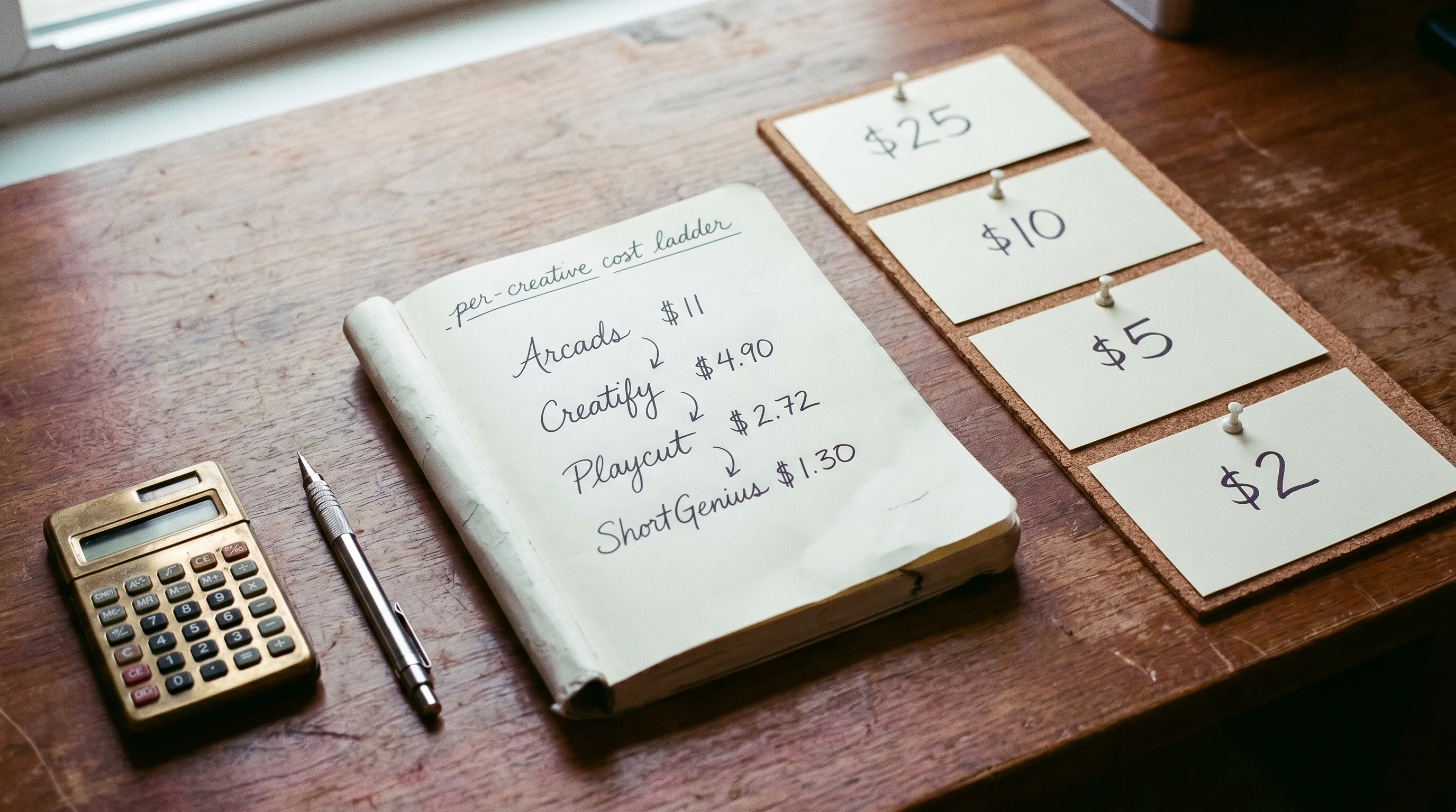 An open Moleskine notebook with a handwritten per-creative cost ladder comparing AI UGC tools in fountain pen, four pinned index cards beside it, soft natural window light on a creative-director desk, Playcut Imagen generation