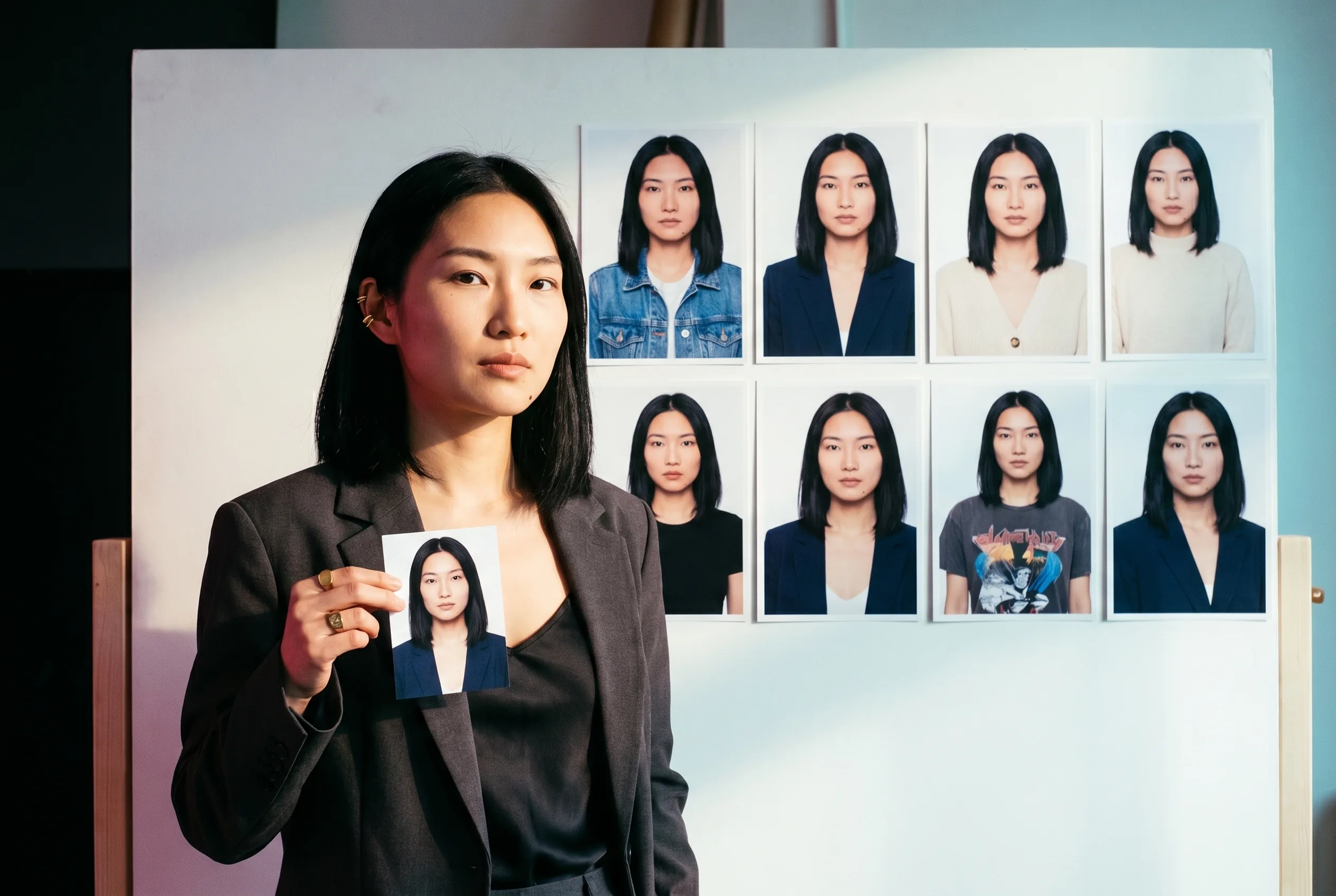 A Toronto creative director holding a printed actor card with eight matched hook-variant prints of the same face pinned to the wall behind her in a 2 by 4 grid, gold ear cuff and signet ring catching the key light, Playcut Imagen generation