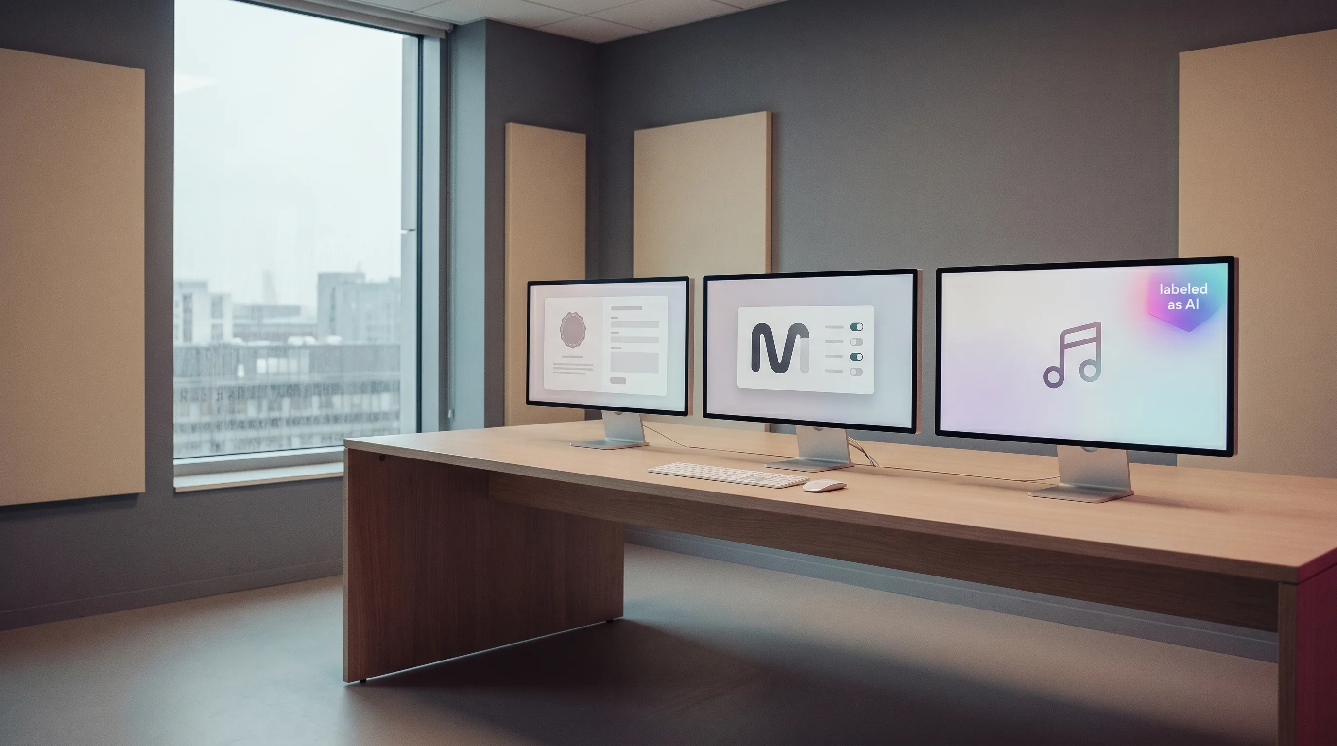 A clean compliance-team office with three 27-inch monitors side by side showing the FTC, Meta, and TikTok AI-disclosure compliance interfaces as soft stylized UI shapes, overcast diffused light, slate and warm cream palette, Playcut Imagen generation