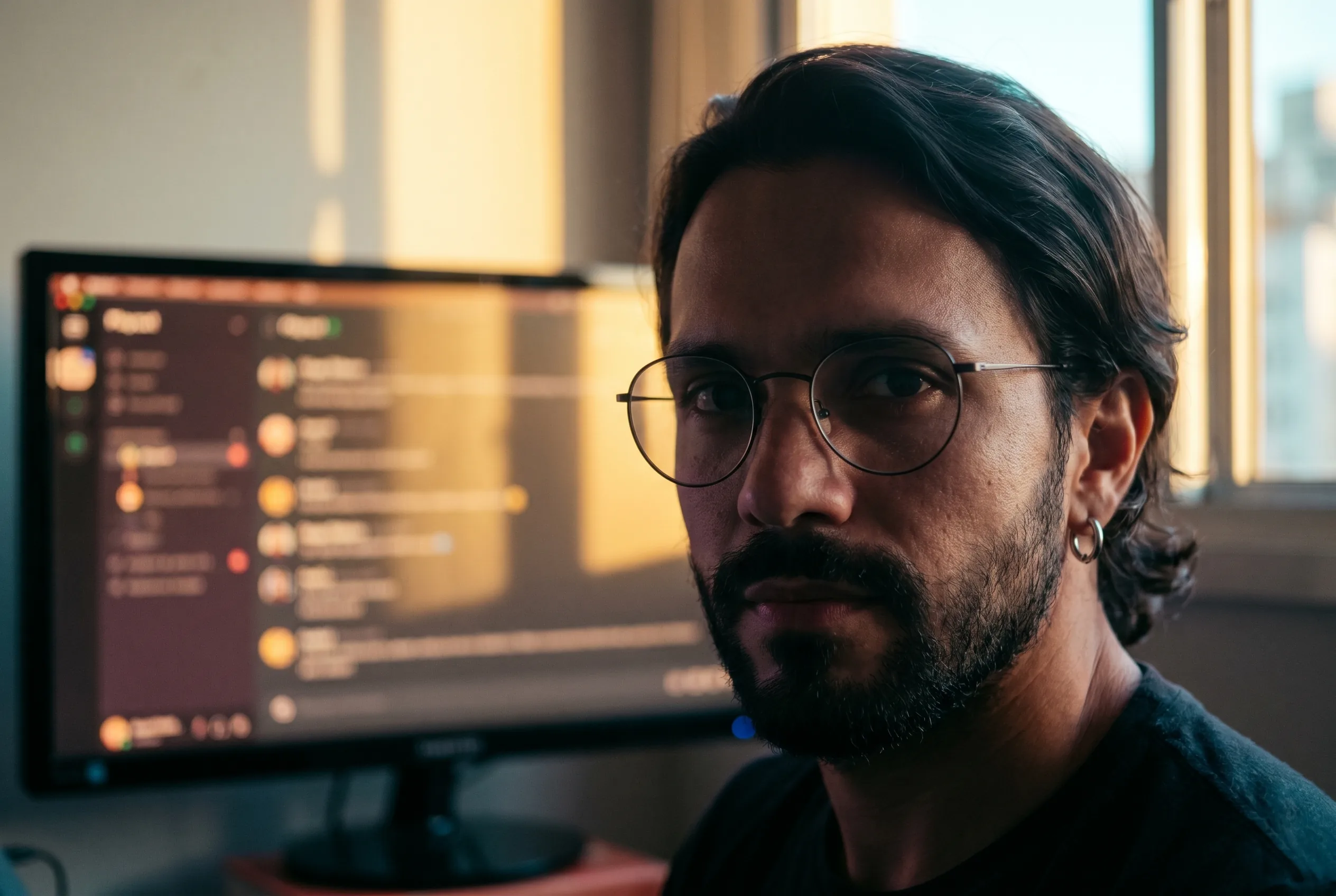 A São Paulo AI ad operator with calm direct gaze, the Playcut chat surface softly out of focus in late-afternoon golden hour behind him, Playcut Imagen generation