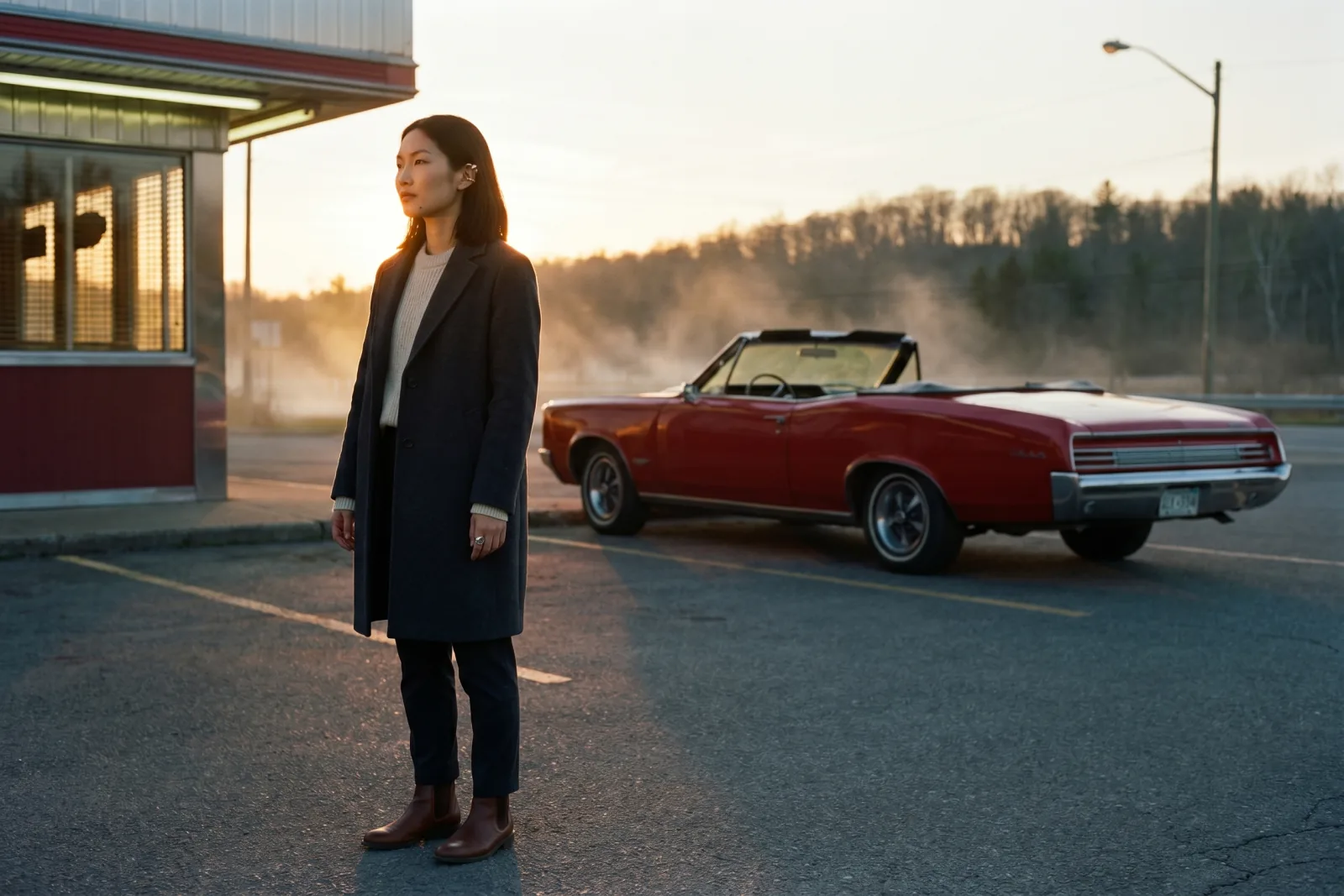 Cinematic editorial photograph of Playcut custom AI actor Mira Chen at golden hour standing by an empty rural diner parking lot with a vintage cherry-red 1968 convertible glowing in the background