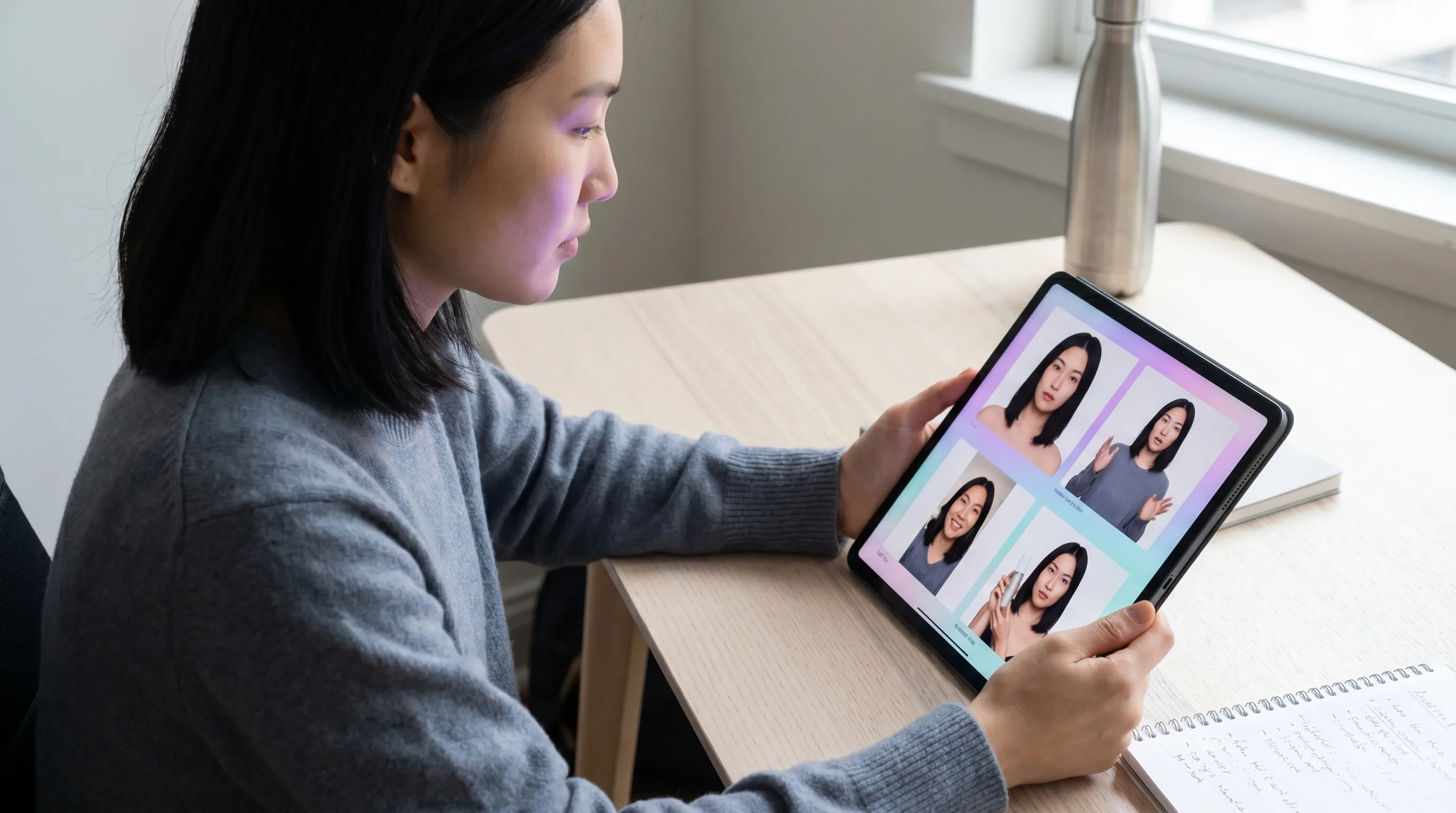 Mira Chen reviewing a tablet showing four output cards in a 2x2 grid — the same trained Playcut actor in a still portrait, a motion video frame, a UGC vertical clip, and an on-product compositing shot — visual proof of multi-format character consistency, Playcut Imagen generation