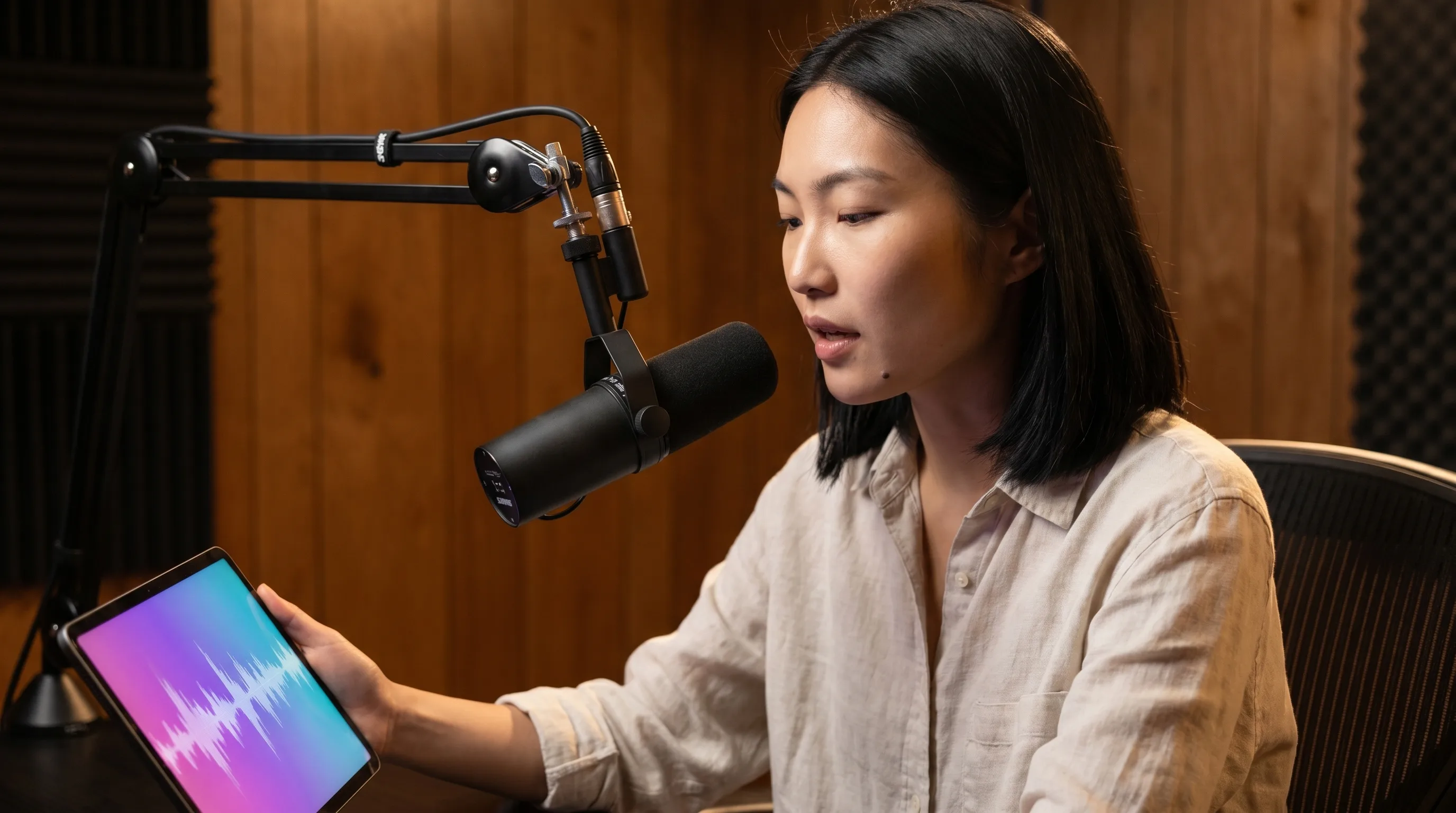 Mira Chen in a home recording booth reading a 30-second voice-clone consent script into a Shure SM7B broadcast microphone, the tablet in her hand showing a violet-pink-cyan gradient audio waveform under warm tungsten edge-light against acoustic foam panelling, Playcut Imagen generation