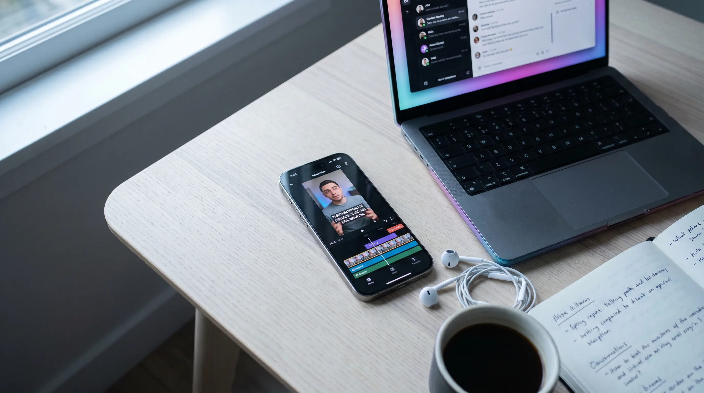 An iPhone 16 Pro flat on an ash-wood desk showing a vertical TikTok-style video editor with a talking-head avatar mid-frame and animated burned-in captions across the bottom third, paired with a 14-inch MacBook open behind it — the iOS-first caption-edit workflow Captions wins outright, Playcut Imagen generation