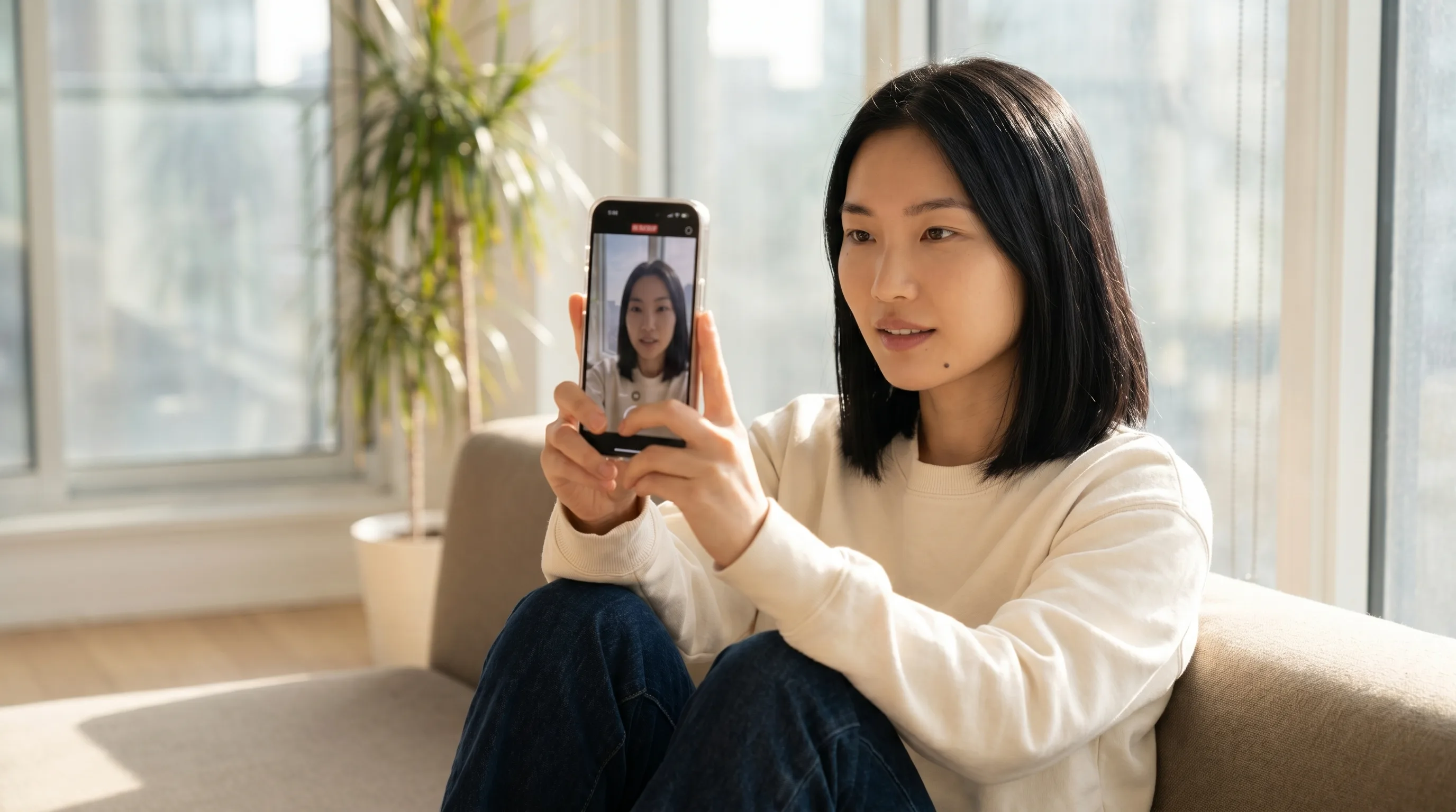 Mira Chen on a sun-soaked low-profile sofa in a modern Toronto loft hand-holding her iPhone 16 Pro to shoot a vertical TikTok-style video — the mobile-creator workflow that drives most Captions/Mirage usage, Playcut Imagen generation