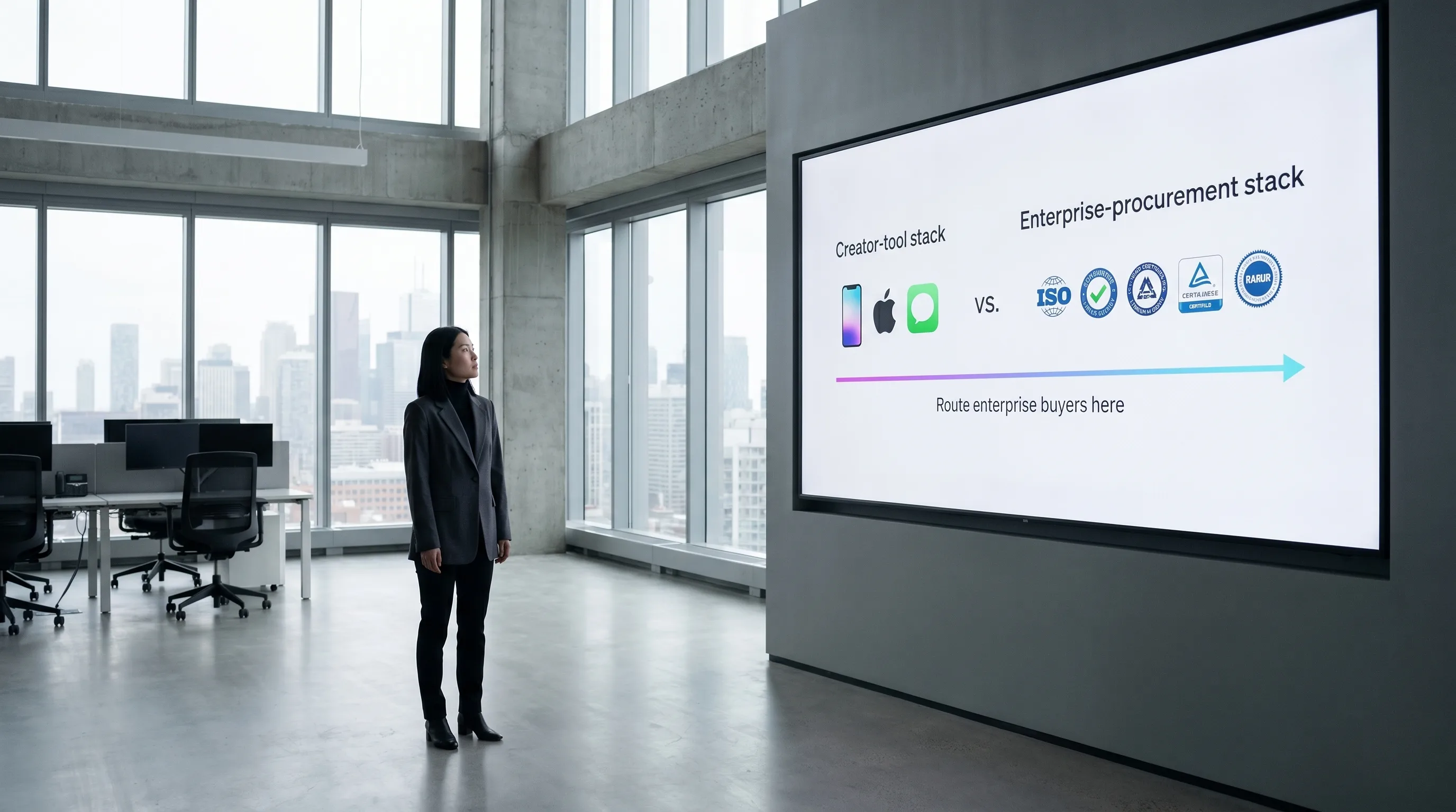 Mira Chen standing alone in a modern Toronto open-plan office reviewing a wall-mounted display showing a side-by-side routing comparison between the creator-tool stack and the enterprise-procurement stack, with a thin Playcut violet-pink-cyan gradient underline highlighting the enterprise routing arrow, under soft overcast diffused daylight, Playcut Imagen generation