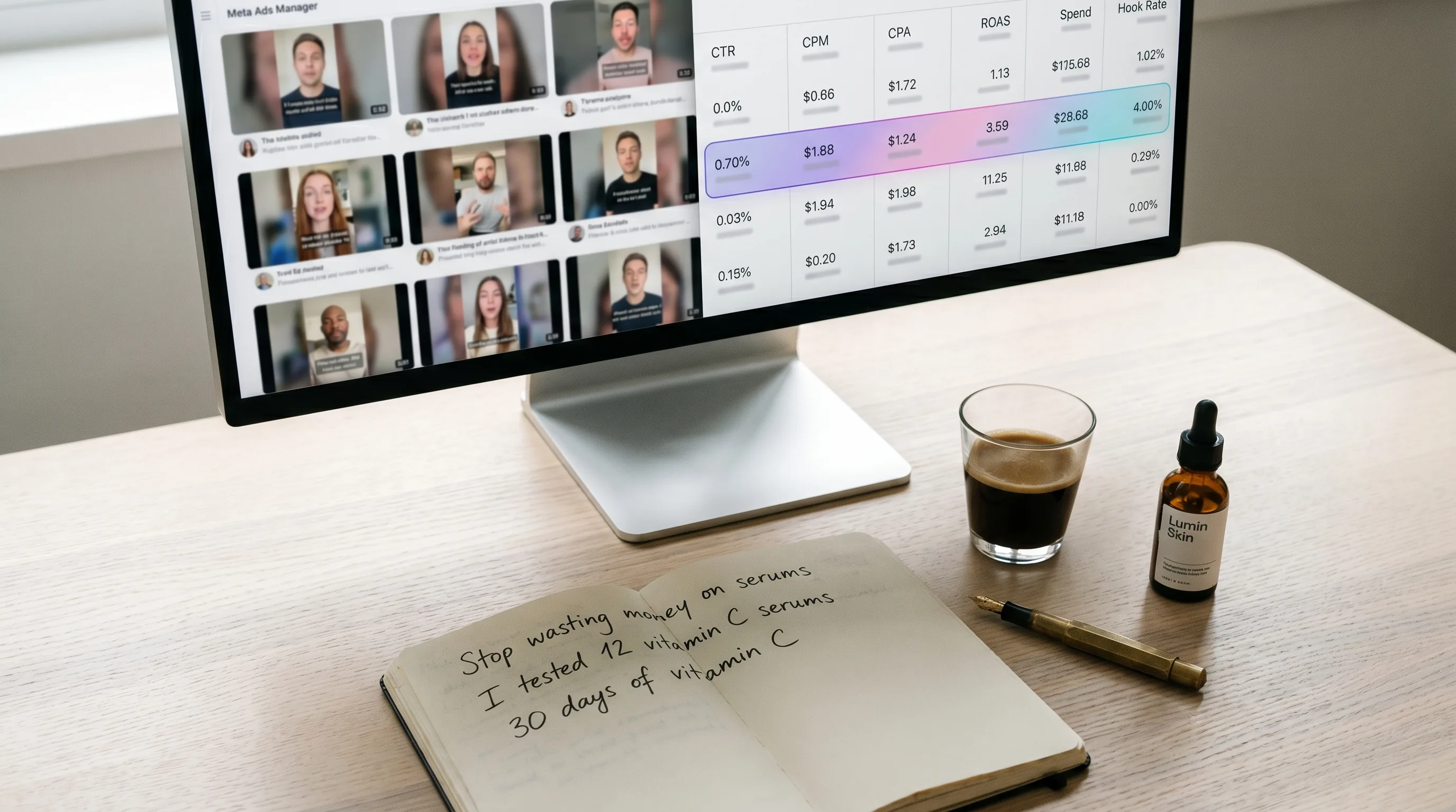 A DTC product bottle, a notebook open to a per-variant pricing scorecard, and a phone showing a Meta Ads Manager grid
