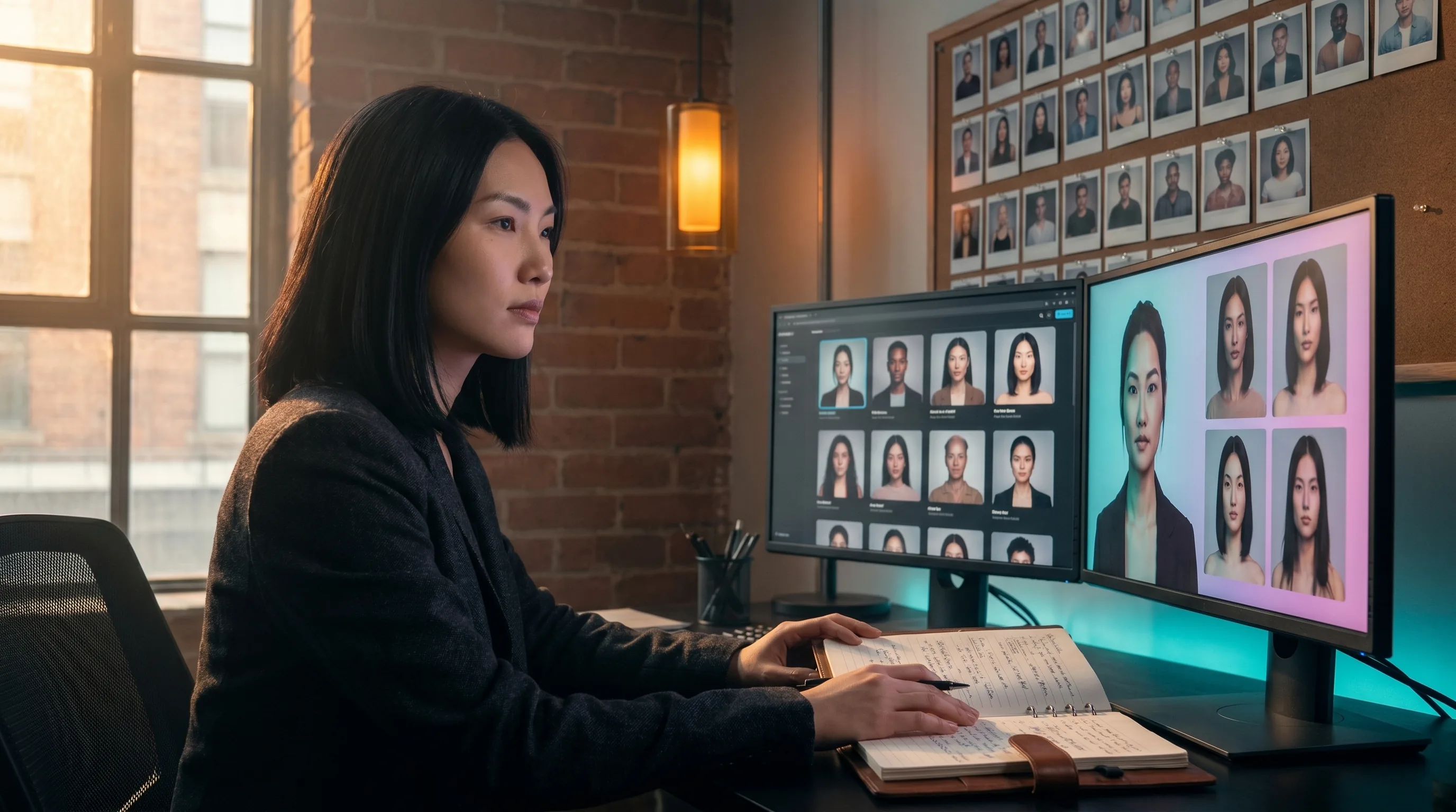 Annie Leibovitz-meets-Gregory Crewdson cinematic editorial portrait of Mira Chen, a Toronto product-marketing lead reviewing eight AI avatar studios on a dual-monitor desk lit by warm golden-hour window light from the left and a cool violet-pink-cyan glow from the screens on the right, scattered Polaroid prints of recurring branded actor variants pinned to a corkboard wall behind her, Playcut Imagen generation