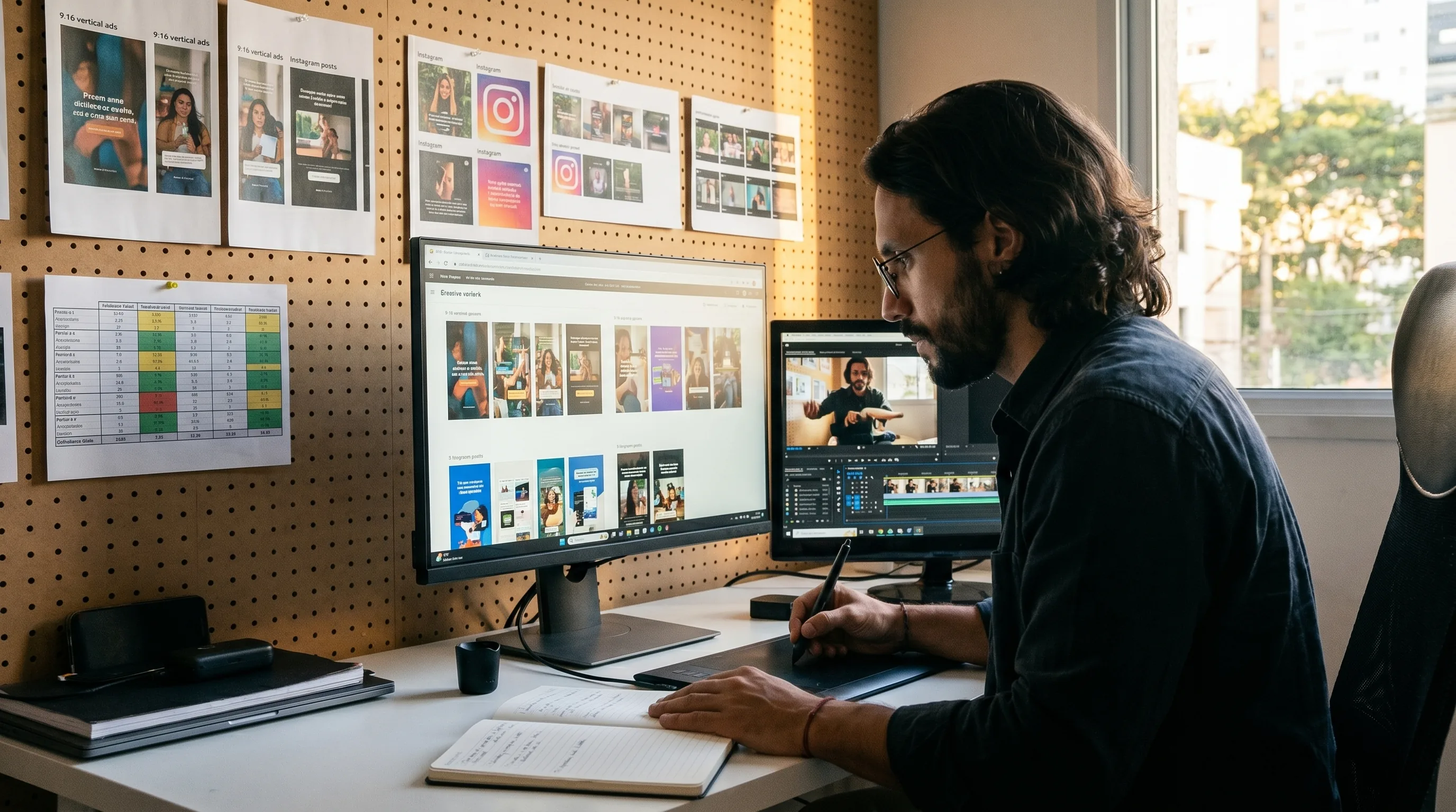 Diego Ribeiro, São Paulo ad operations manager, reviewing performance-creative variants at a field monitor with a pegboard wall of pinned UGC ad printouts behind him in late-afternoon practical light, Playcut Imagen generation