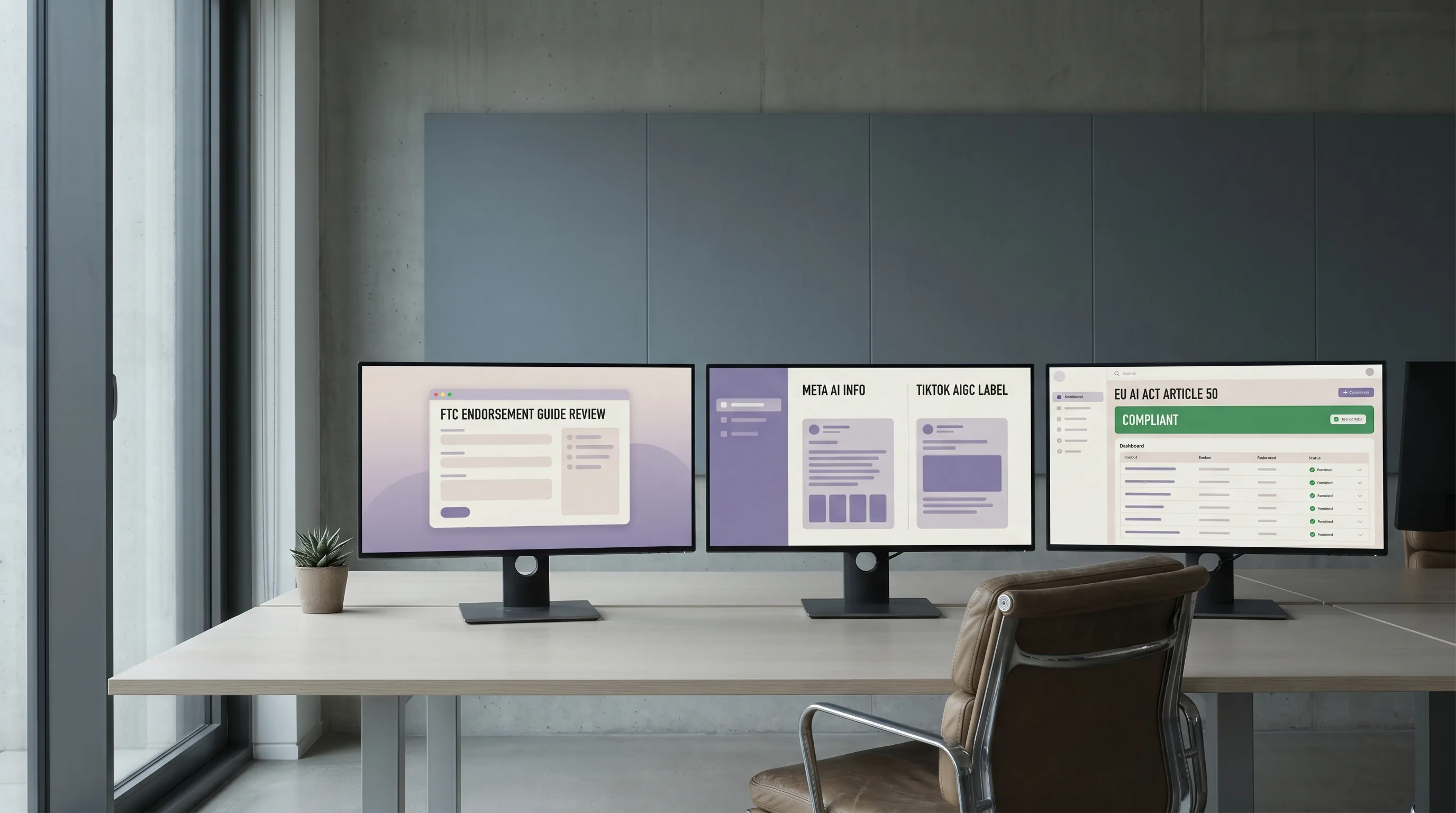 A compliance-team office with three 27-inch monitors side-by-side showing FTC, Meta, TikTok, and EU AI Act compliance interfaces as soft stylized UI shapes, overcast diffused light, slate and warm cream palette, Playcut Imagen generation