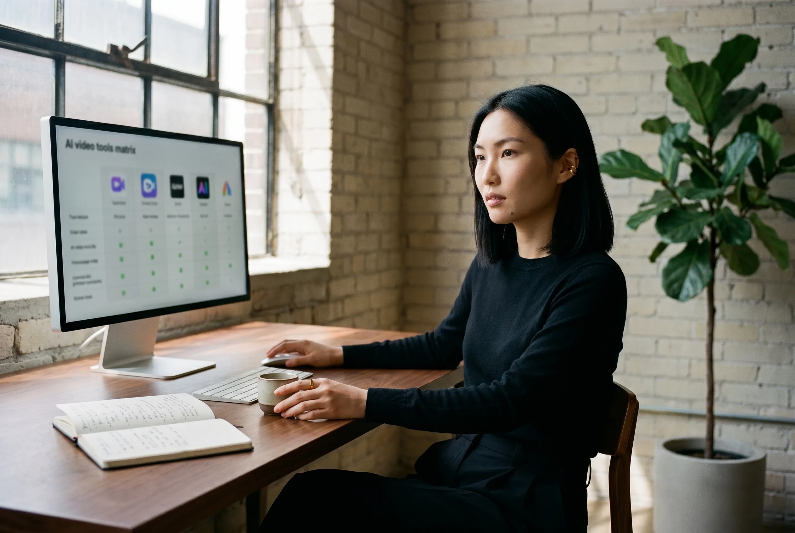 Annie Leibovitz-style environmental editorial portrait of a creative director comparing Higgsfield alternatives across seven monitors at a sunlit Toronto agency workstation, generated with Playcut Imagen