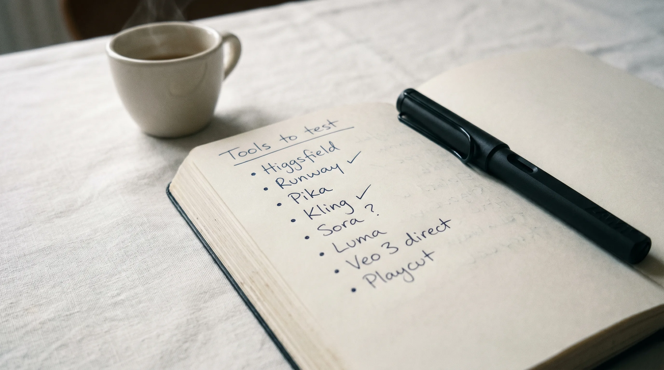 Wolfgang Tillmans-style macro still-life of an open Moleskine notebook with a handwritten 'tools to test' list of AI video generators on a sunlit creative-director desk, Playcut Imagen generation
