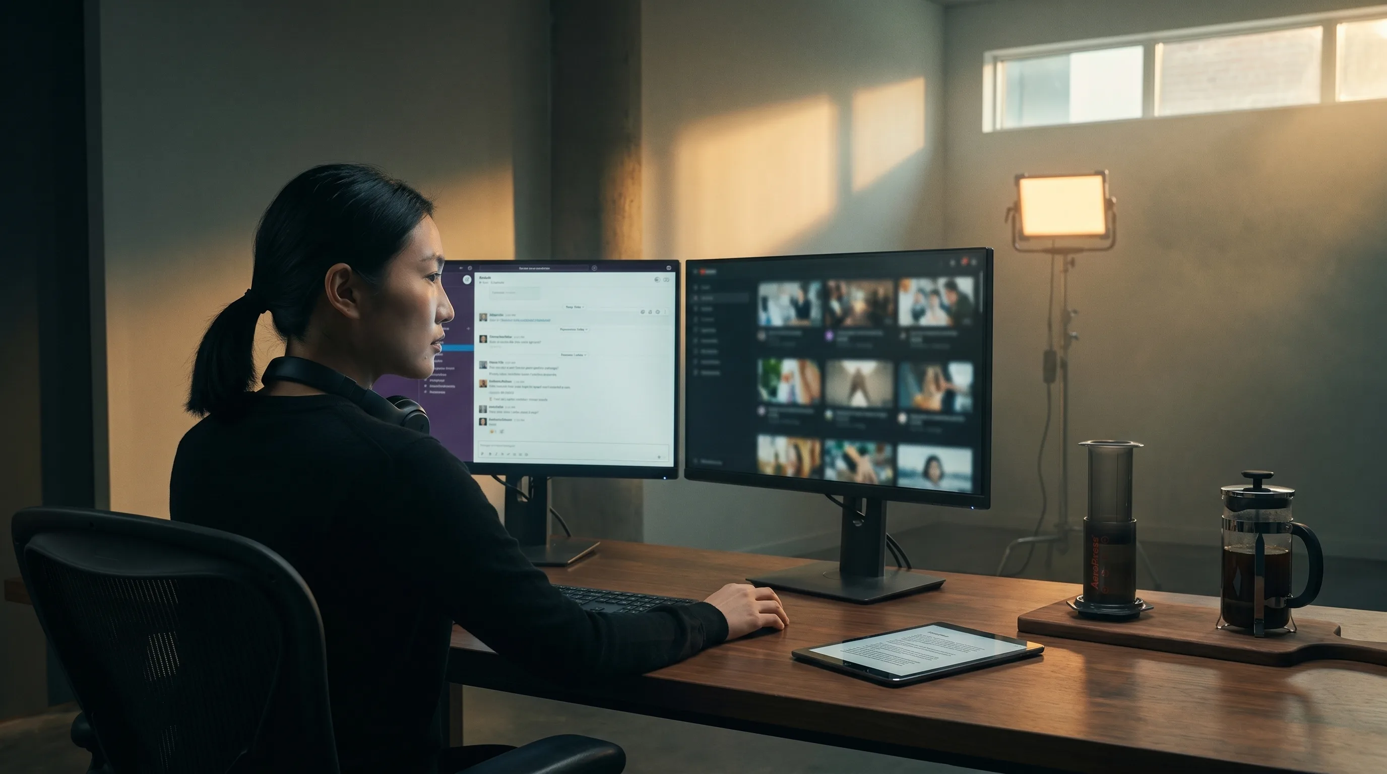 Gregory Crewdson-style cinematic workstation tableau of a creative director reviewing AI tool generations across dual reference monitors at golden hour in an atmospheric Toronto agency loft, Playcut Imagen generation