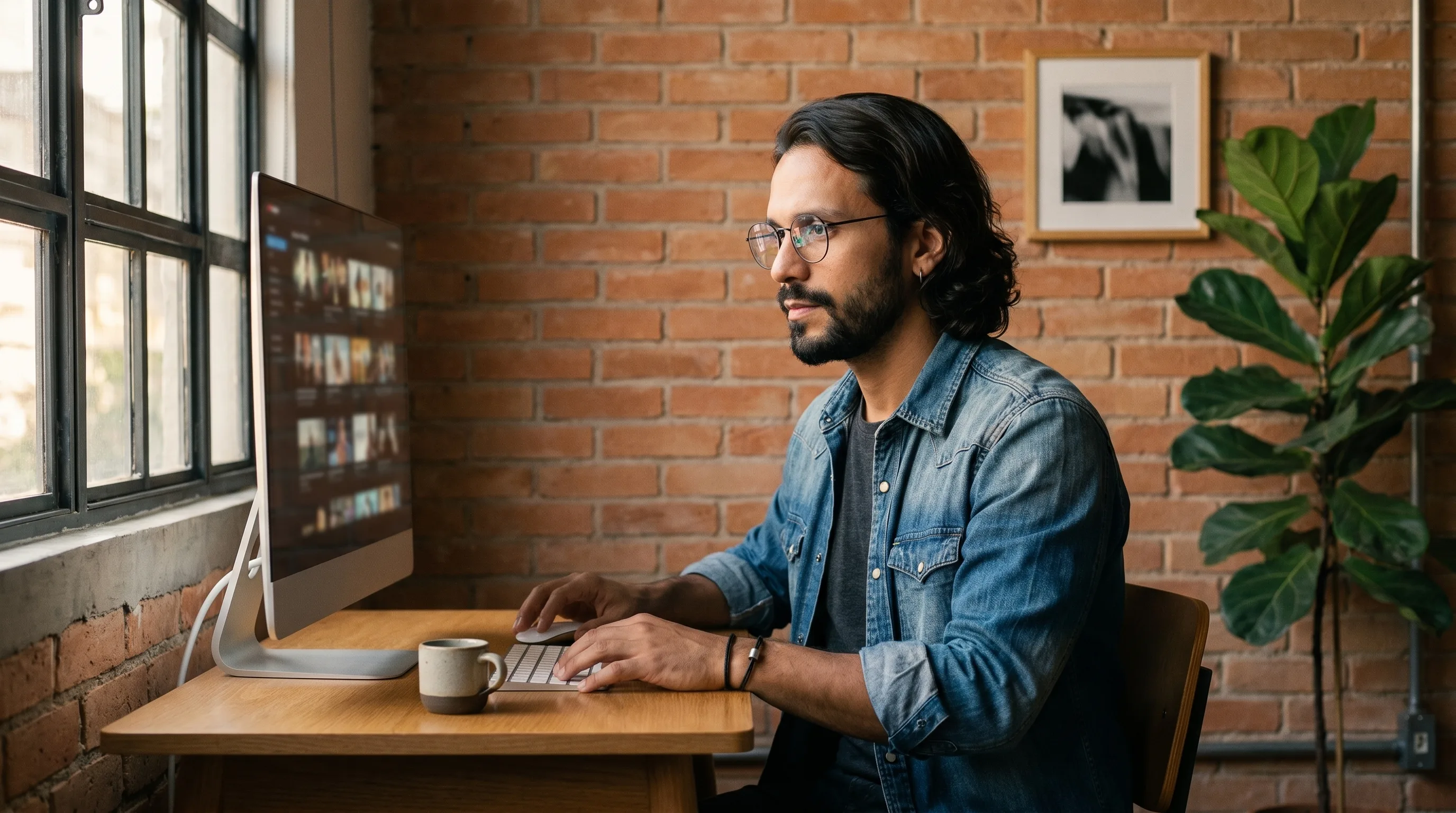 Wolfgang Tillmans-style editorial portrait of a São Paulo agency operator at his workstation reviewing a cinematic AI generation thumbnail grid in warm afternoon light through an industrial window, Playcut Imagen generation