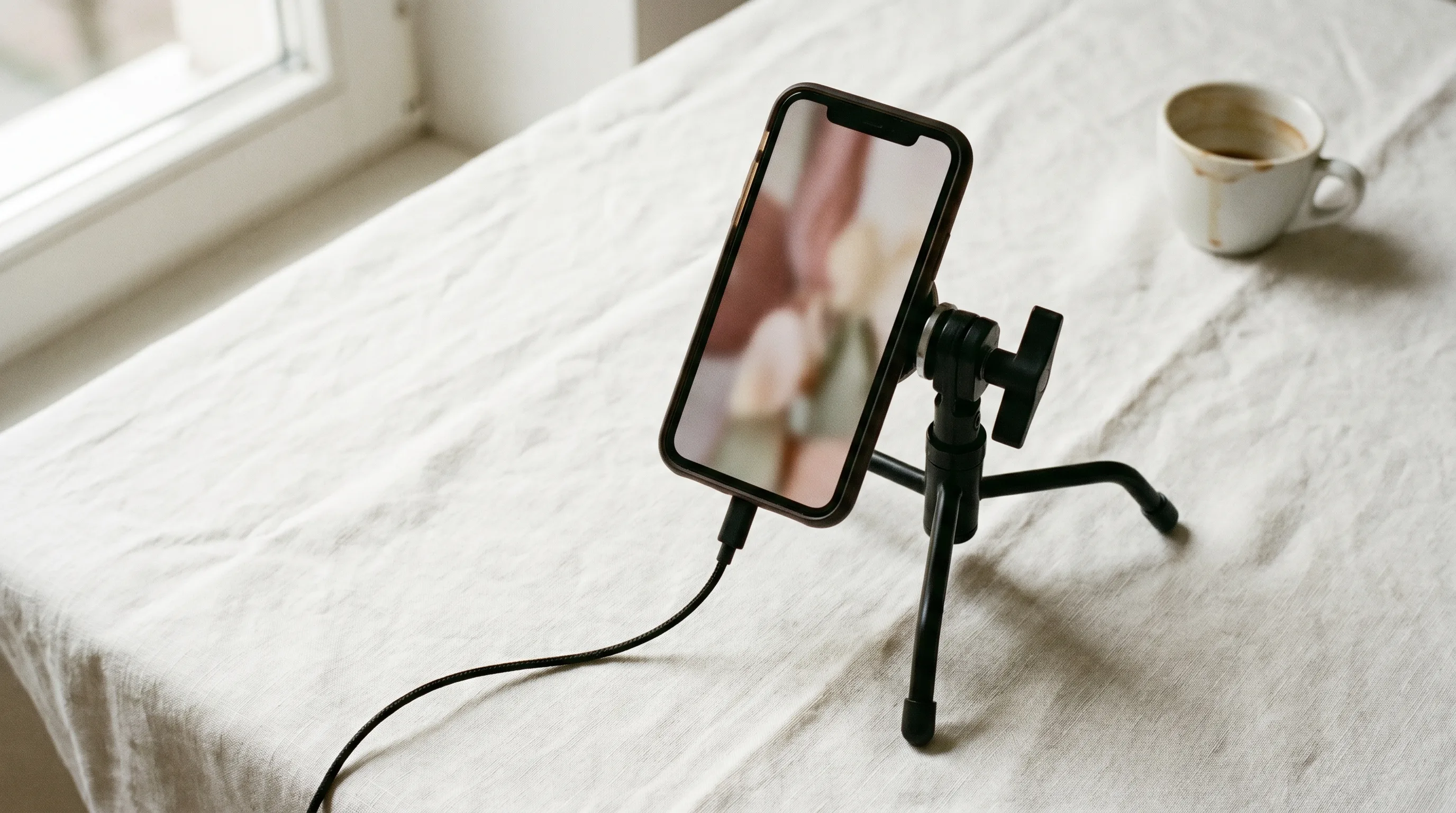 Wolfgang Tillmans-style still-life of a smartphone propped on a mini c-stand showing a soft-focus vertical 9:16 AI-generated video frame on a sunlit linen surface with espresso cup, Playcut Imagen generation