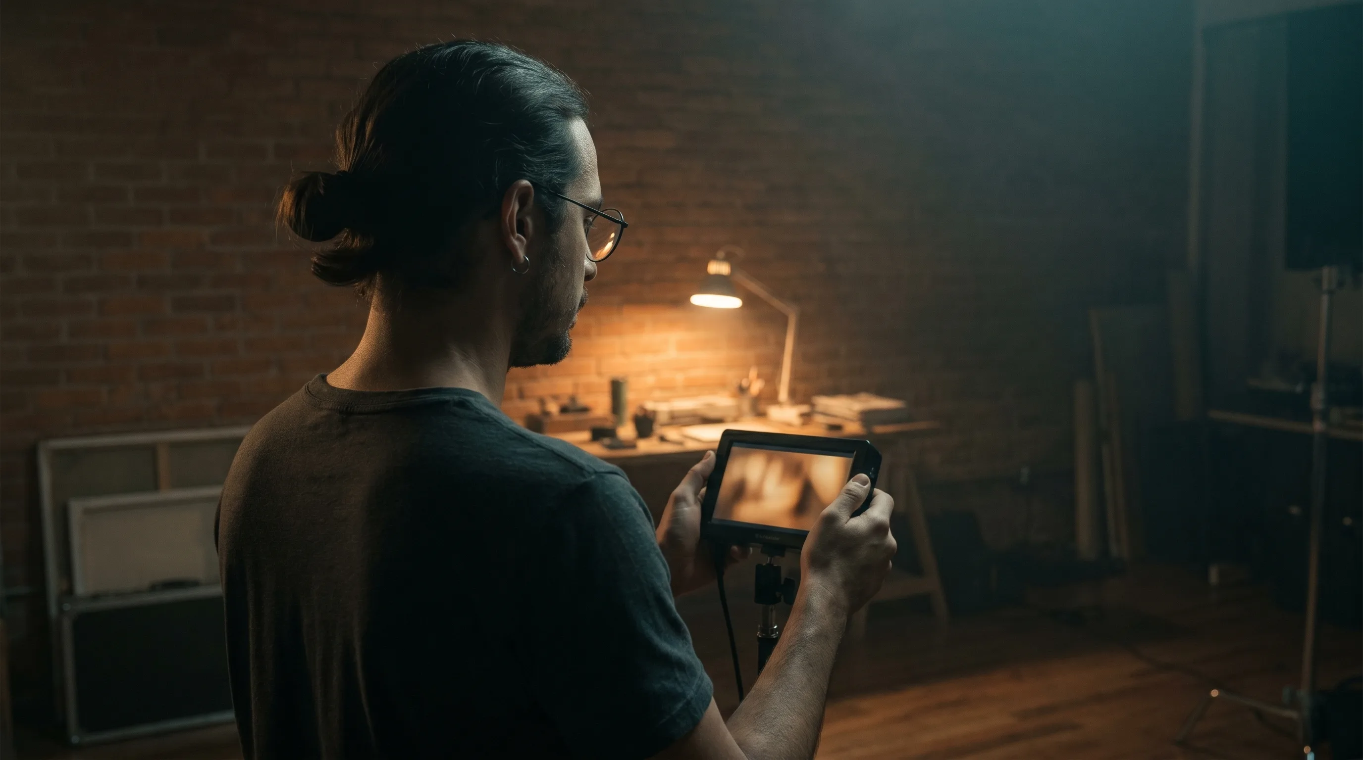 Gregory Crewdson-style cinematic tableau of a São Paulo operator reviewing an AI generation on a 5-inch director's field monitor in his dim Casa Ribeiro studio at night with single tungsten lamp practical key, Playcut Imagen generation