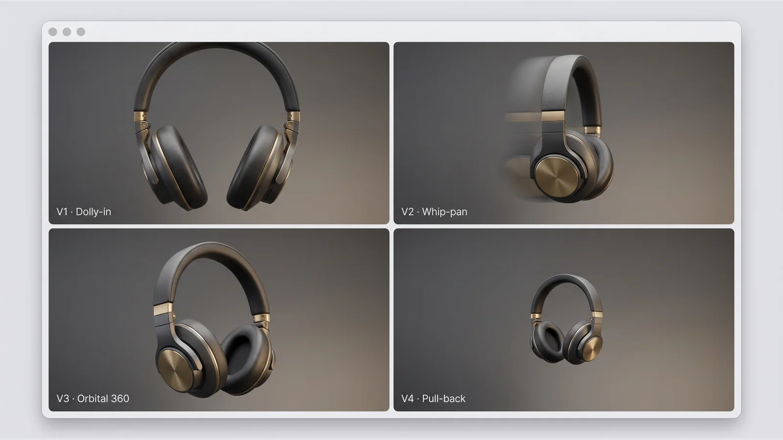 Four-panel grid showing AI-generated video thumbnails of the Northshore Audio Solo 1 headphone across V1 dolly-in, V2 whip-pan, V3 orbital 360, and V4 pull-back shots; all four thumbnails rendered in Playcut workspace, charcoal and brass product color palette