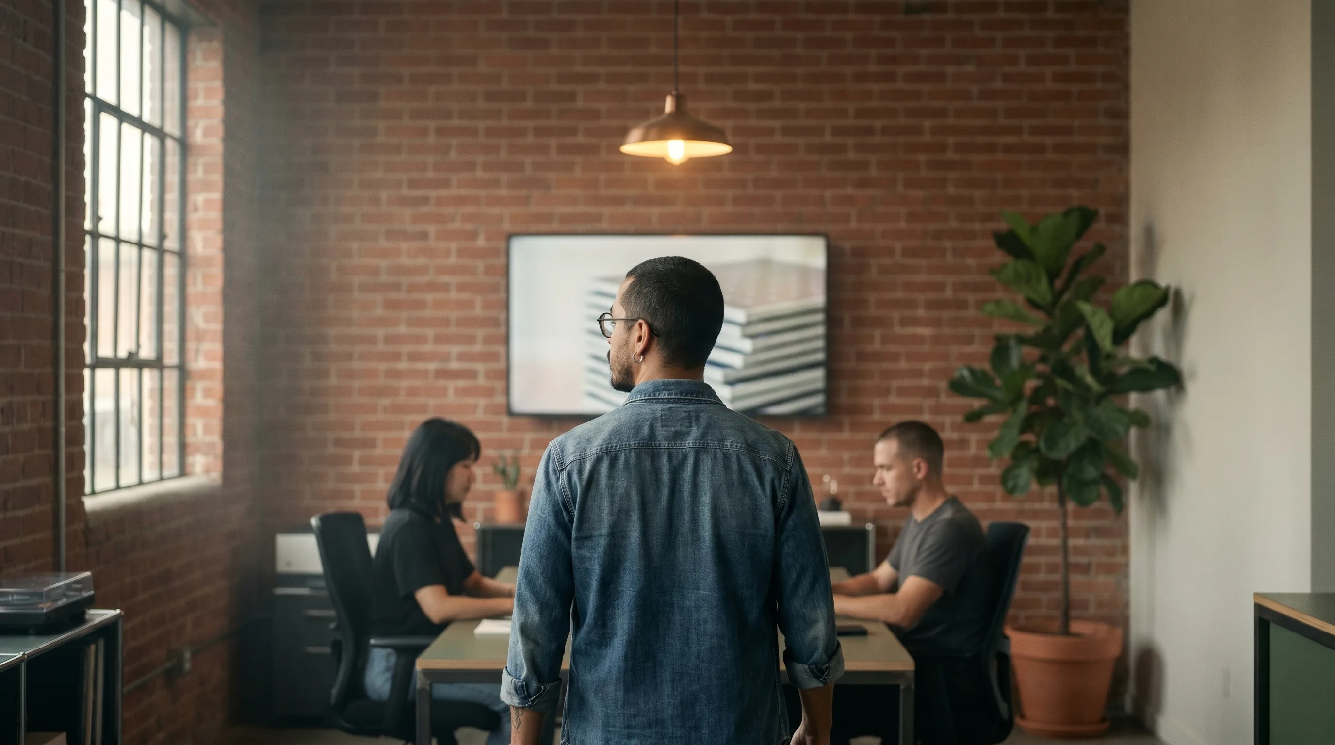 Nadav Kander-style wide environmental portrait of an operator walking through a São Paulo agency studio with two team members soft-focus at desks behind, late-afternoon light through a tall industrial window, Playcut Imagen generation