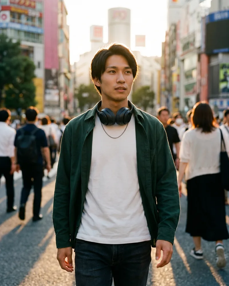 An AI influencer persona in a golden-hour street feed post, the kind of niche-specific lifestyle still you plan before generating a face, rendered by the Playcut Actor Engine