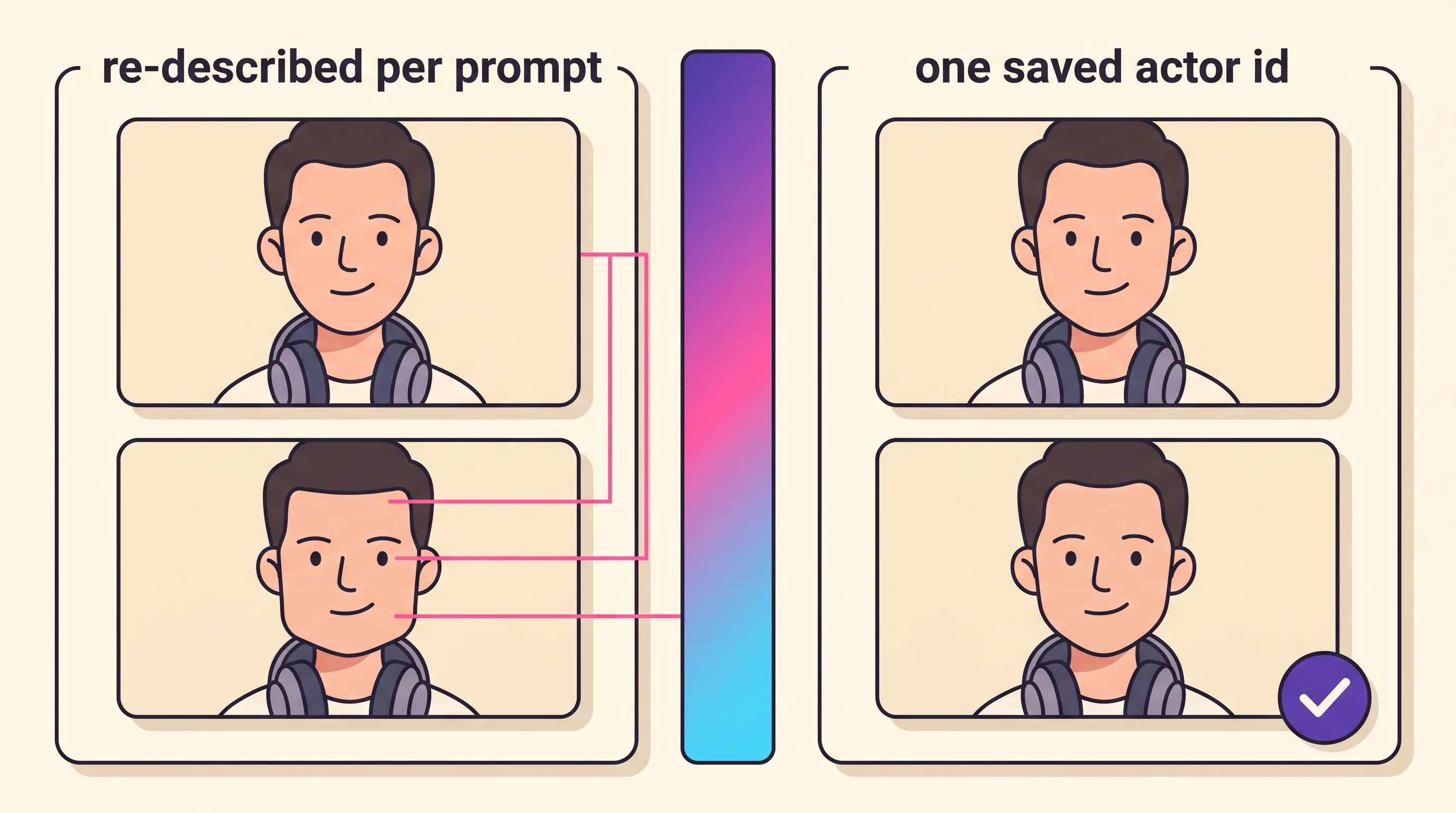 Two-panel comparison of the same ad character across two cuts: on the left the jaw, hairline and eye spacing have shifted between shots, on the right one saved actor identity holds the same face in both frames