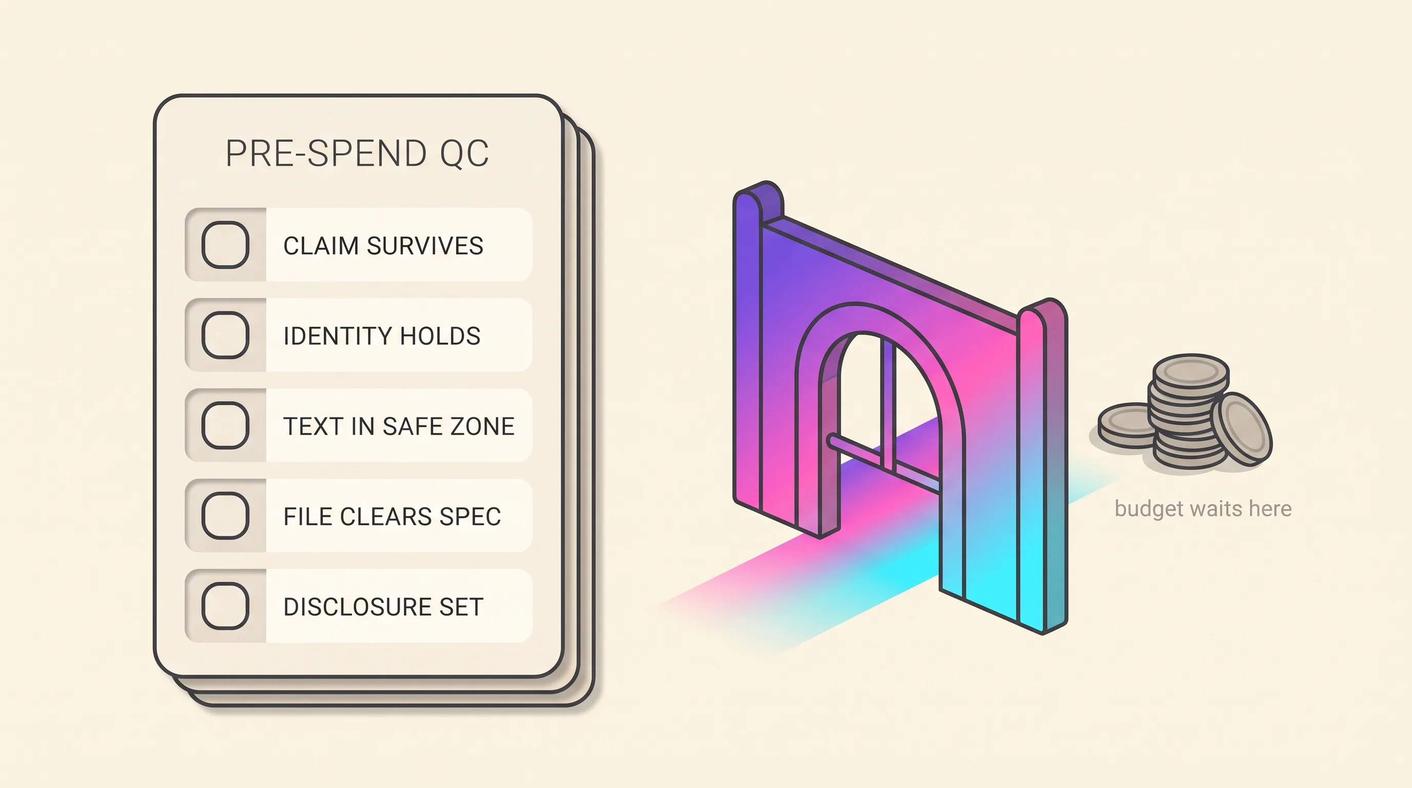 Pre-spend QC card listing five checks before budget goes behind an AI video ad: the claim survives in the export, the identity holds across every cut, on-screen text sits inside the delivered ratio's safe zone, the file clears the platform's floor specs, and the AI disclosure is set