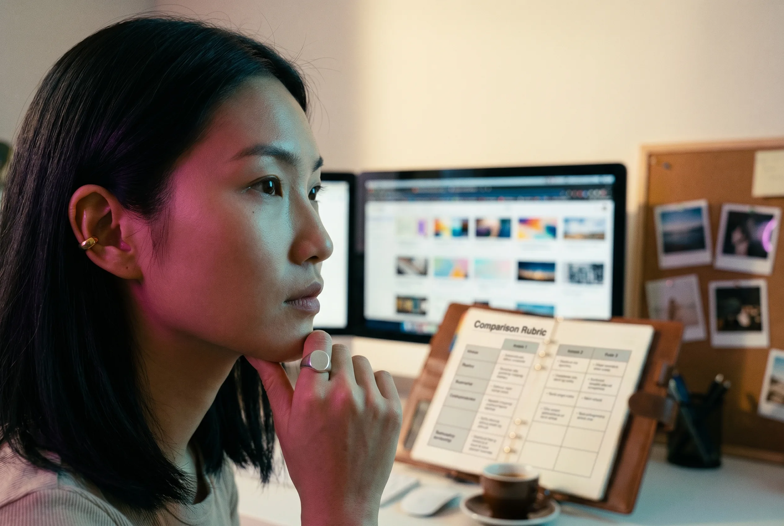 Annie Leibovitz-style editorial portrait of Mira Chen, Toronto creative-director, evaluating eight Playcut alternatives across a sunlit multi-monitor workstation strewn with shot-list notes and a Moleskine open to a comparison rubric, Playcut Imagen generation