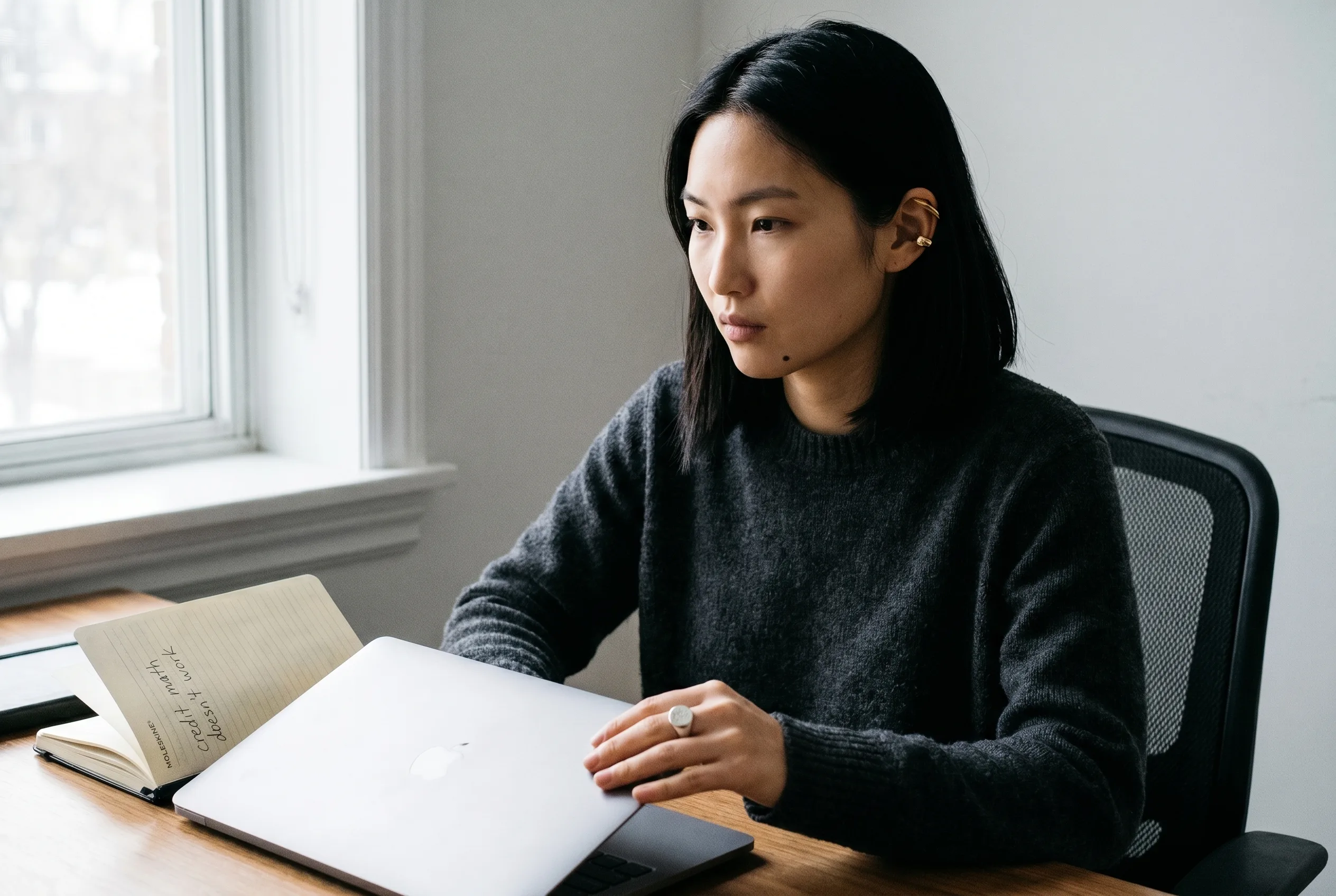 Mira Chen closing a laptop after evaluating Runway's credit math, Moleskine open to a 'credit math doesn't work' note, gold ear cuff and silver signet ring visible, Playcut Imagen 4 generation