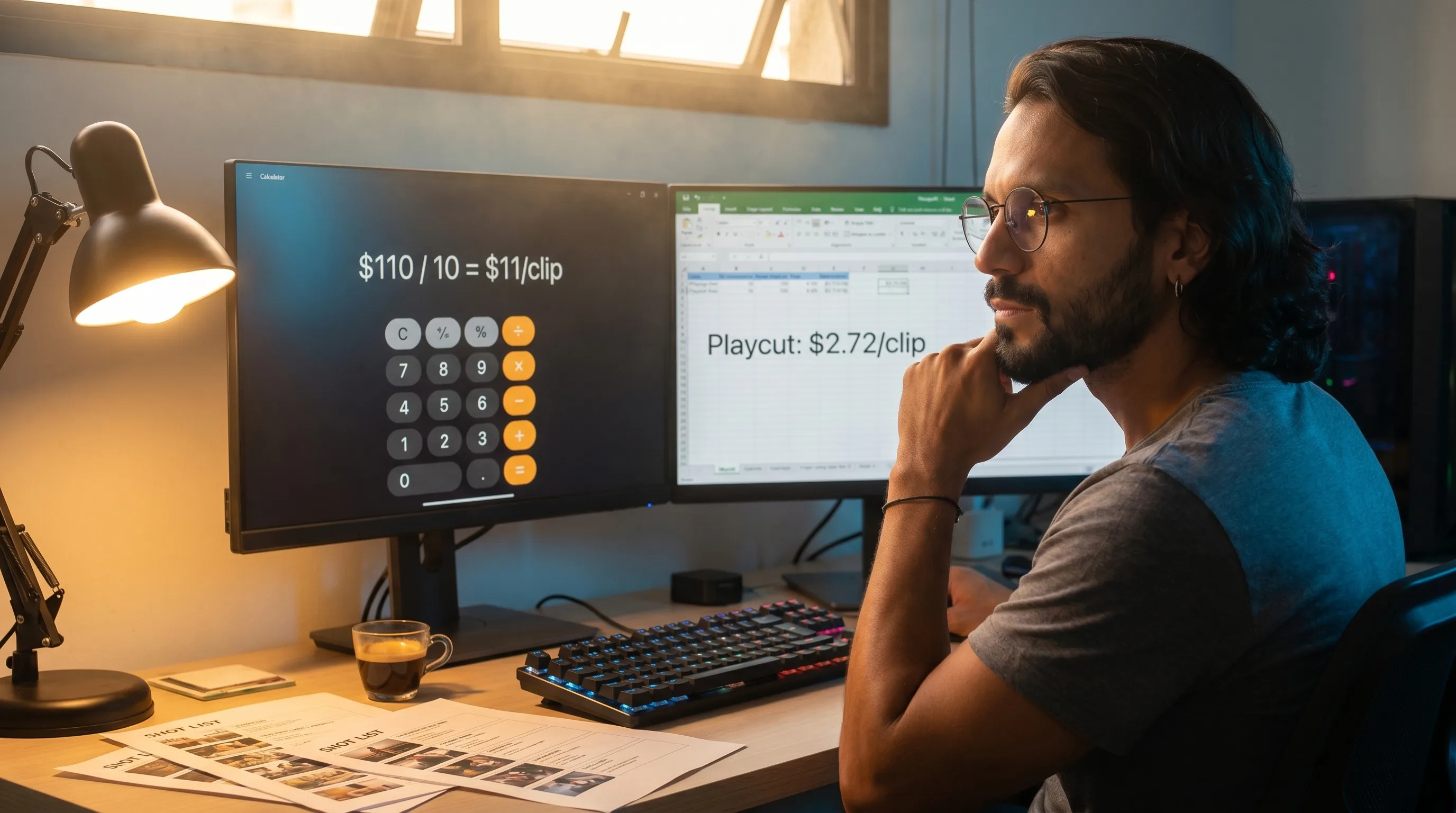 Diego Ribeiro, São Paulo AI ad operator, comparing per-clip Arcads math on one monitor with Playcut math on the other, wire-frame glasses and silver hoop earring visible, Playcut Imagen 4 generation